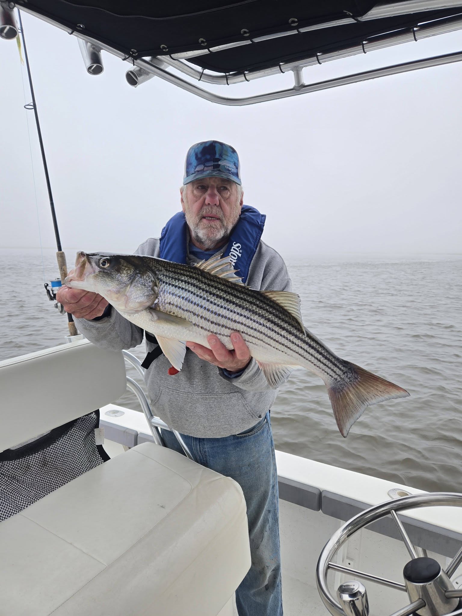 Striped bass caught while fishing in Avalon NJ waters from boat deck