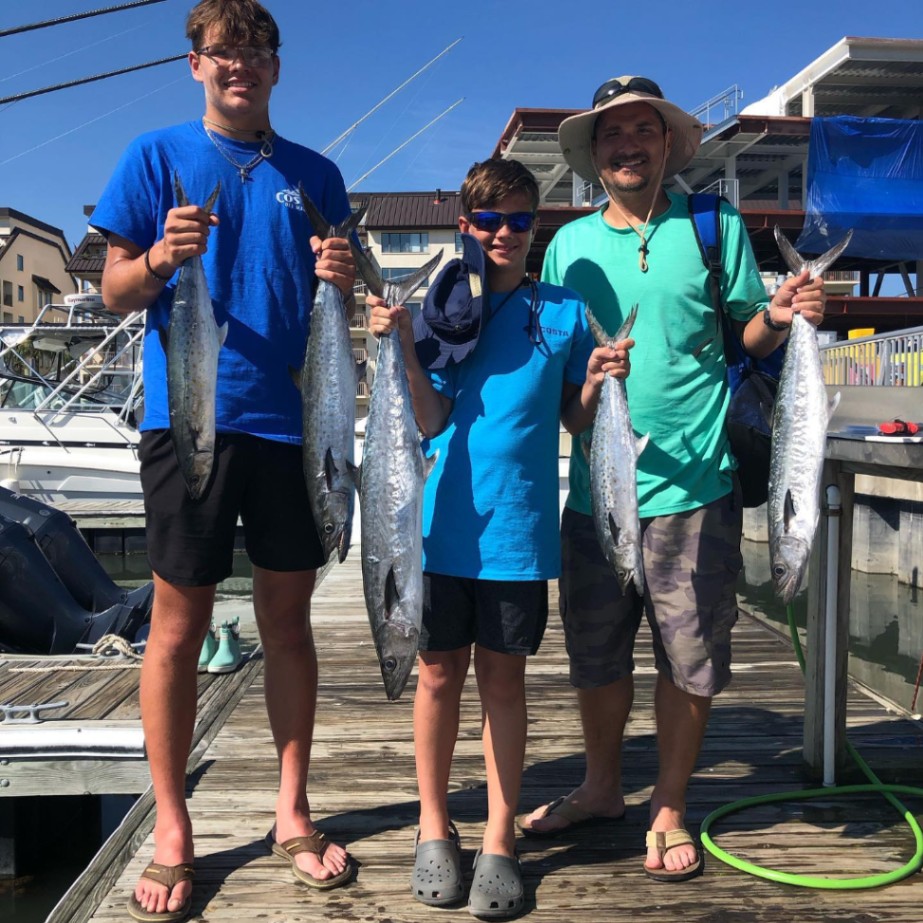 Four large King Mackerel, Spanish Mackerel, Spotted Weakfish, and Cero Mackerel caught while fishing in Murrells Inlet