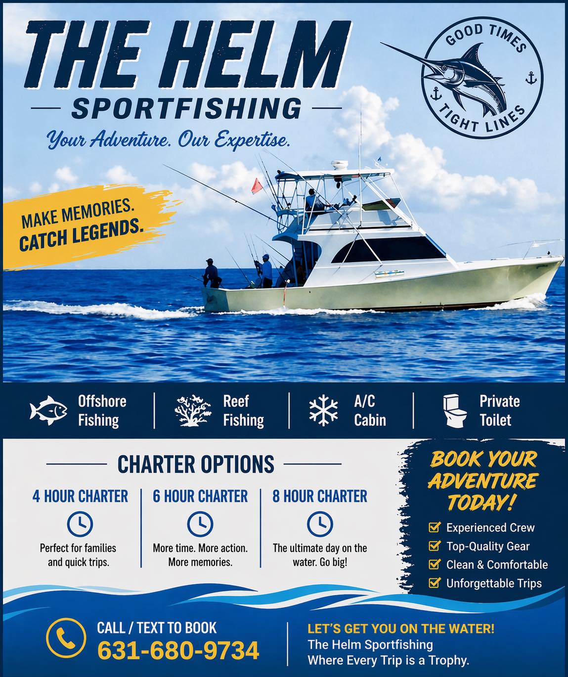 Sportfishing charter boat on blue ocean waters in Key West FL with fishing equipment and crew