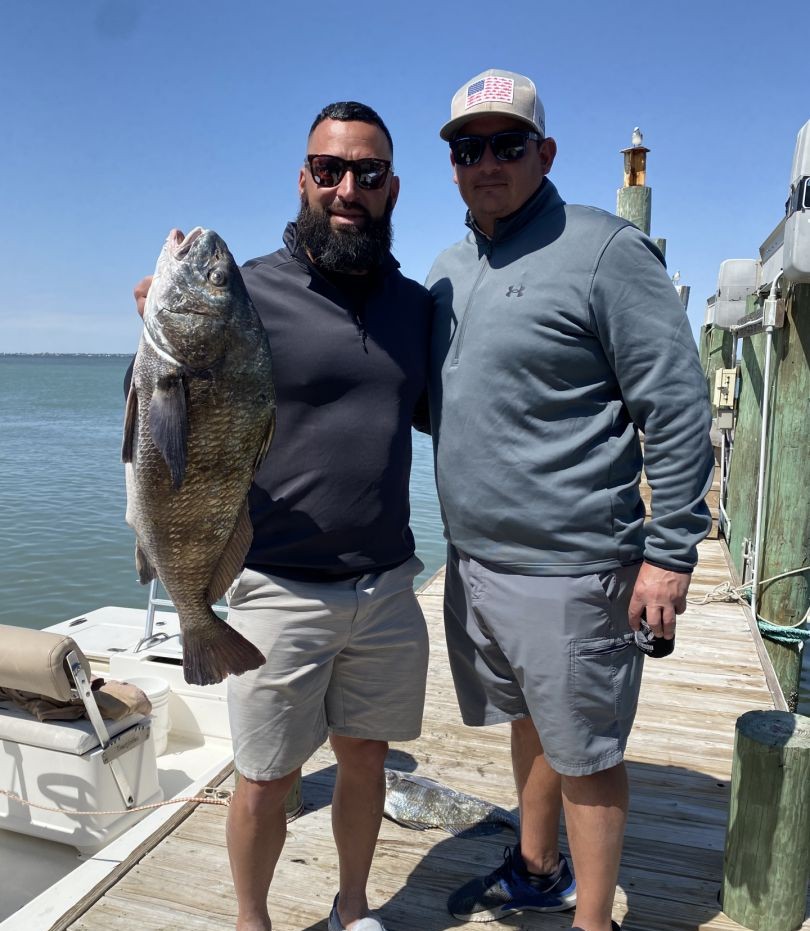 Black drum fish caught during fishing trip in Corpus Christi TX on boat dock