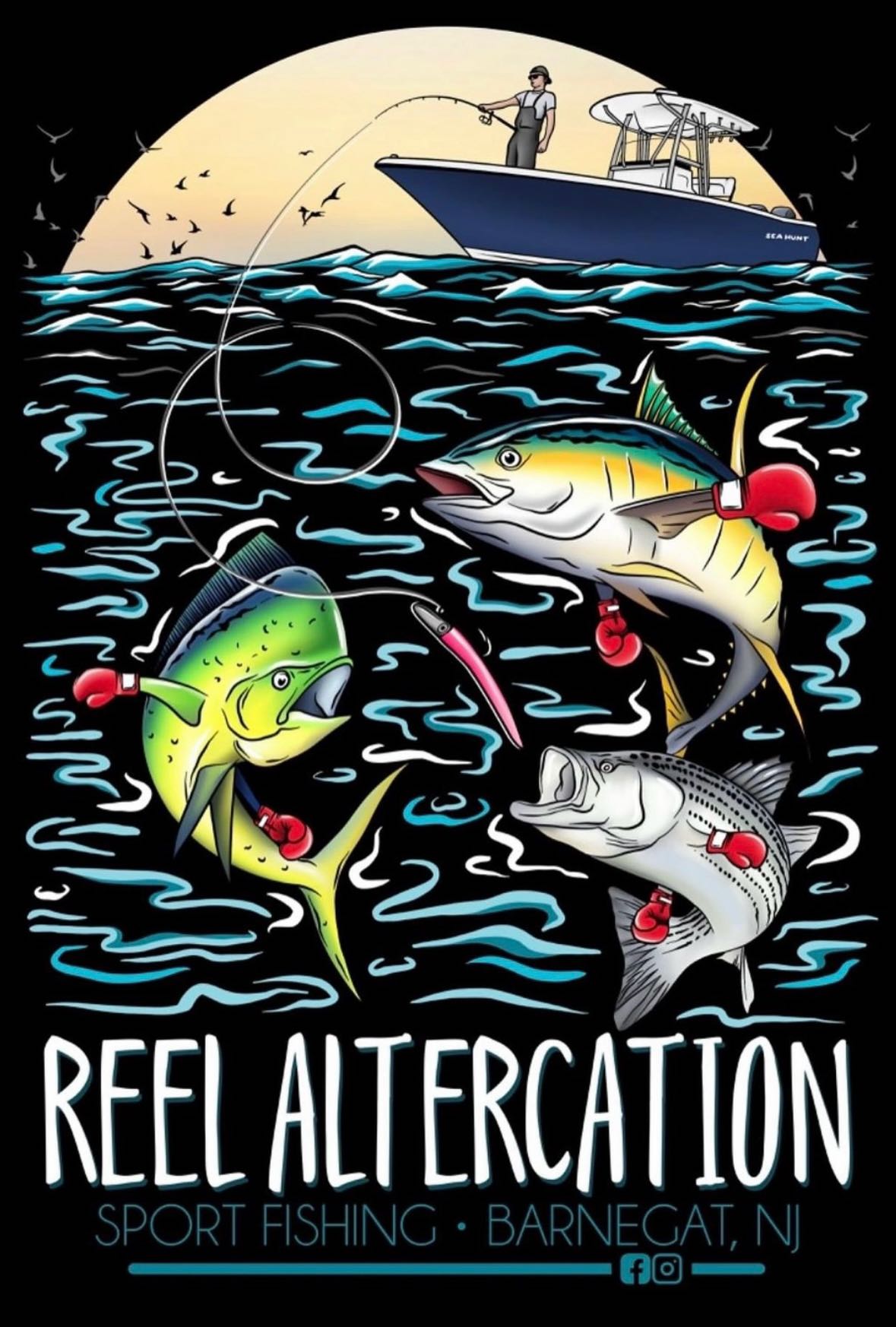 Sport fishing illustration showing multiple fish species underwater with fishing boat above in Barnegat Light NJ