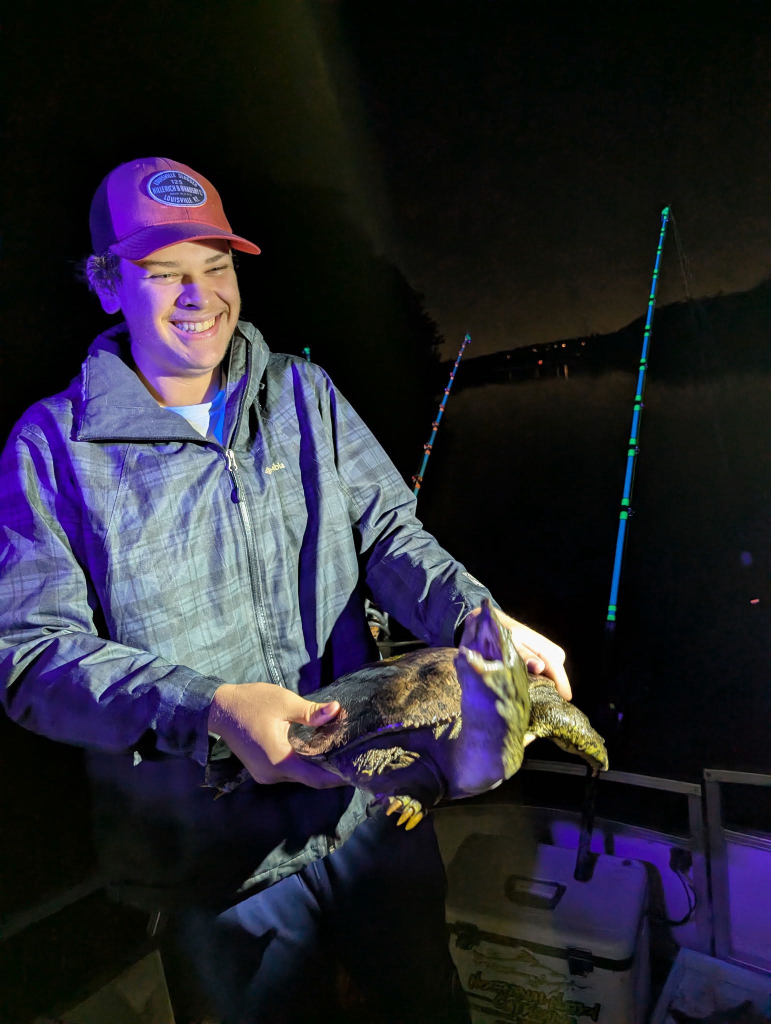 Night fishing catch displayed on boat in Stillwater MN with fishing rods in background