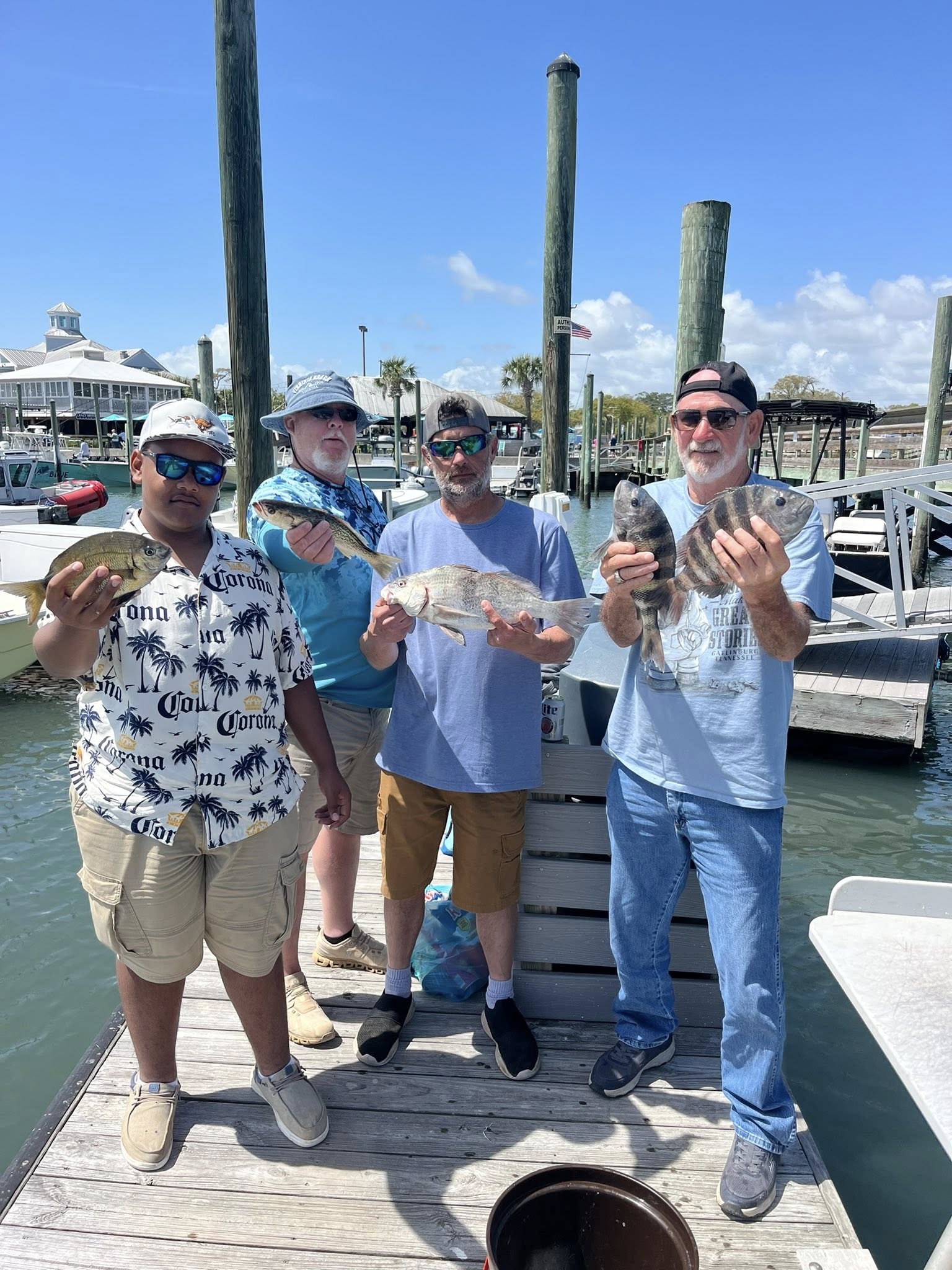 Successful fishing trip in Murrells Inlet SC showing caught black drum and sheepshead at marina dock