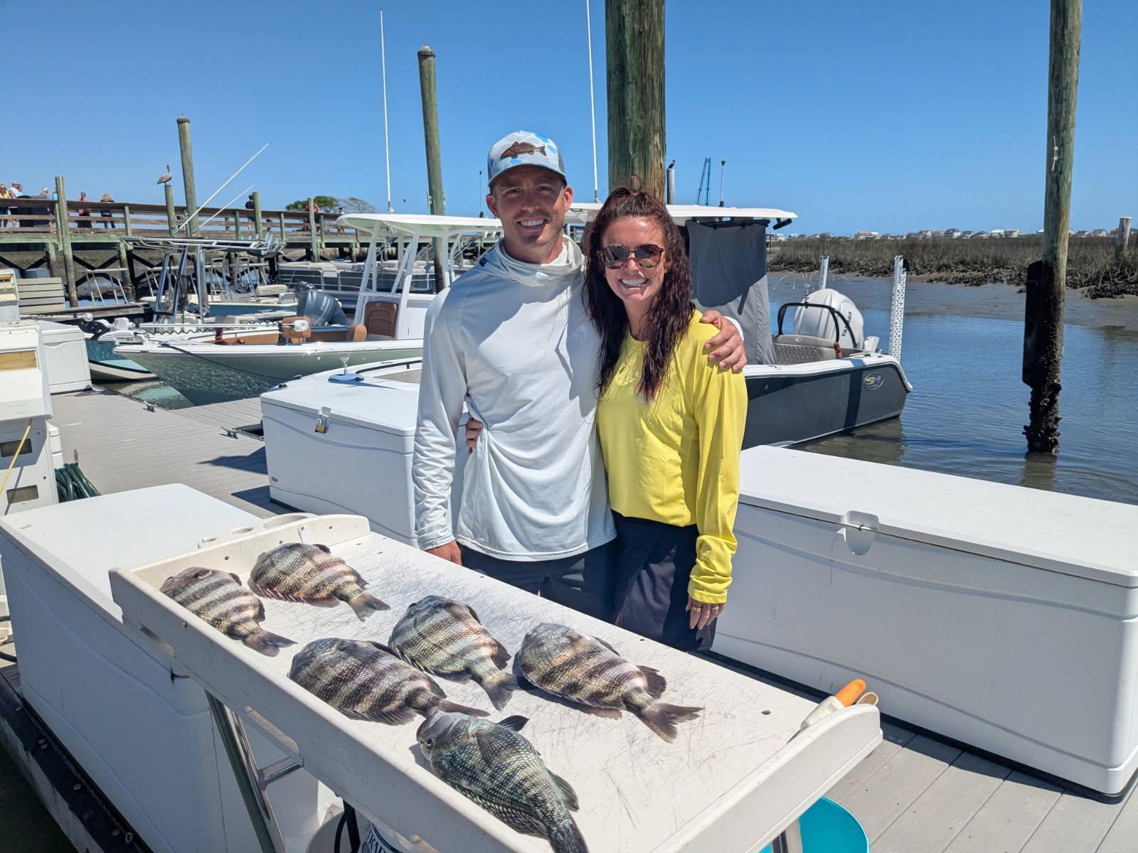 Successful sheepshead and black sea bass fishing trip at Murrells Inlet SC marina with fresh catch displayed