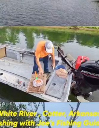 Fishing boat on calm river water in Cotter Arkansas with outboard motor and fishing equipment