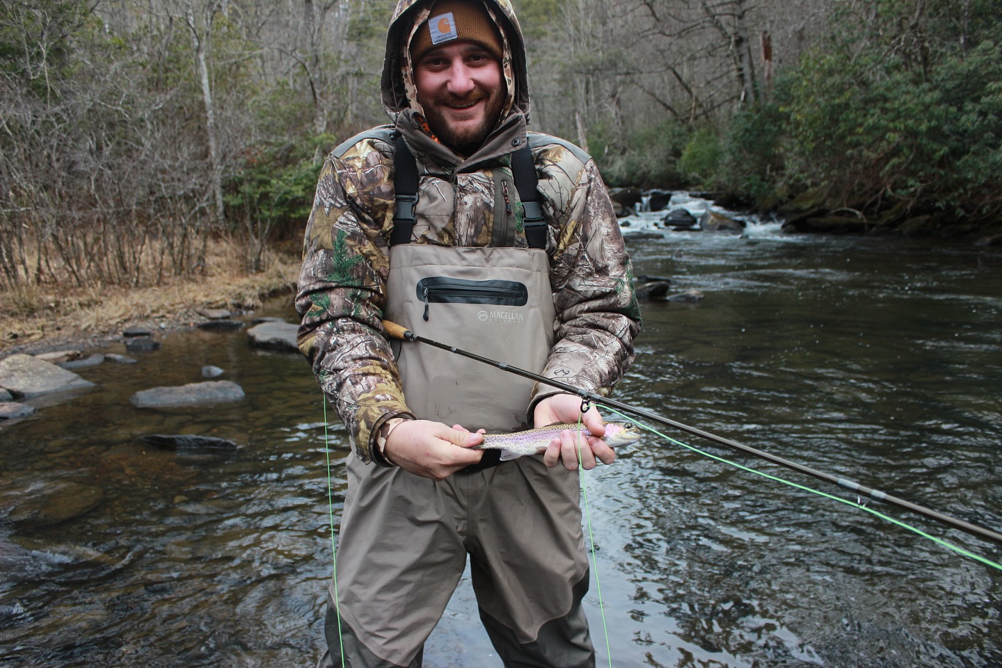 Fly fishing guide and angler on North Carolina trout river in Flat Rock with fishing gear