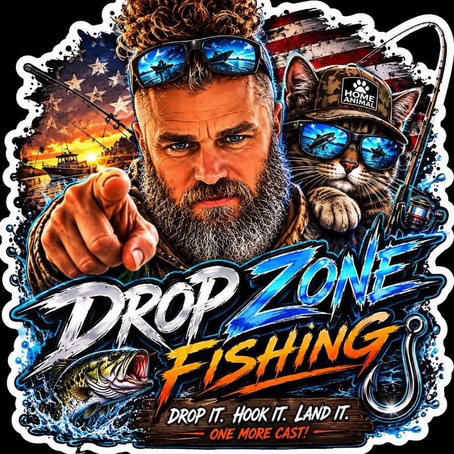 Drop Zone Fishing promotional design featuring fishing boat, cat with sunglasses, and bass fish from Carrabelle FL