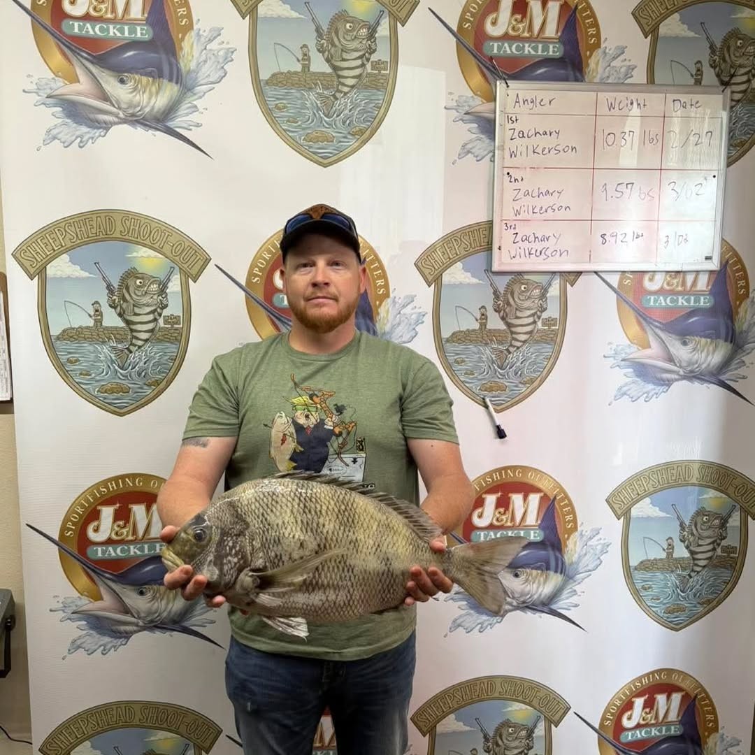 Sheepshead fish catch displayed at Ohio fishing tournament with leaderboard showing tournament results
