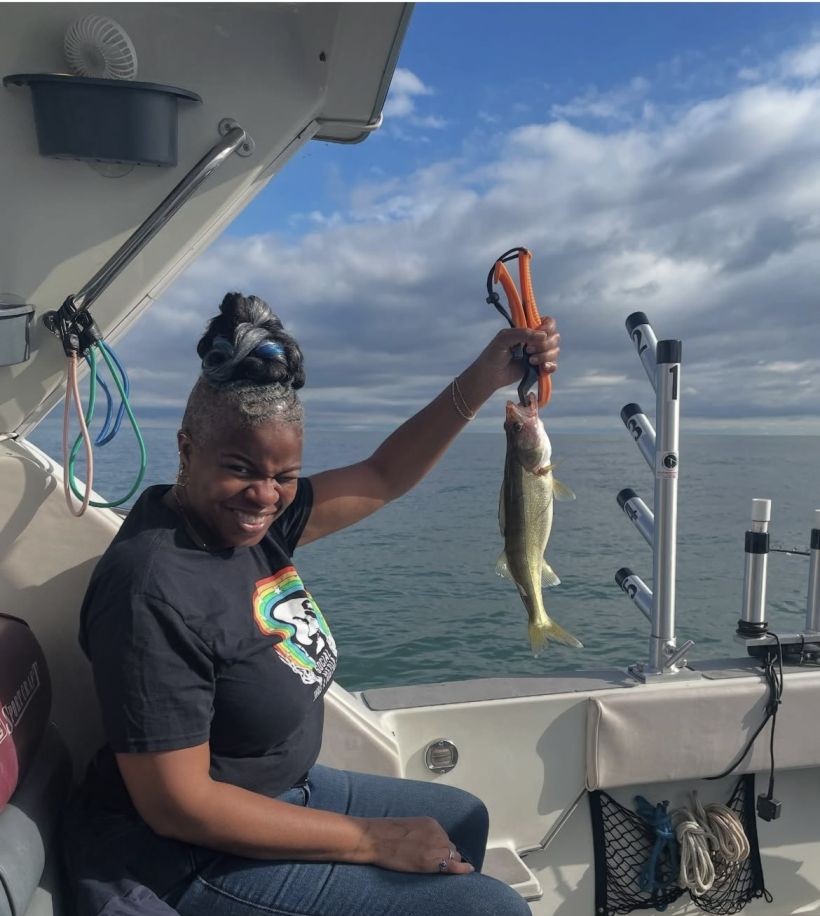 Walleye caught on fishing trip in Lorain OH held up on boat deck