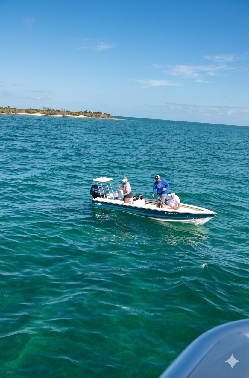 Fishing boat on turquoise waters near Islamorada Florida coastline