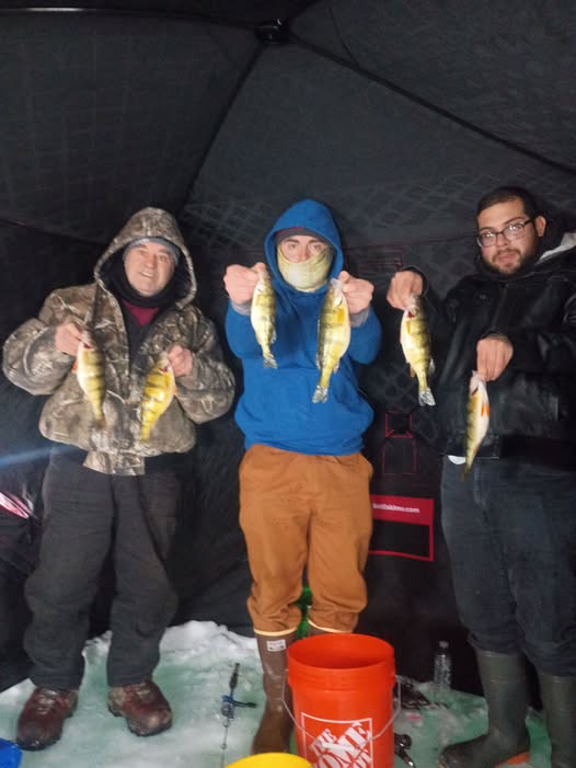 Ice fishing shelter with American Yellow Perch catch in Altmar NY