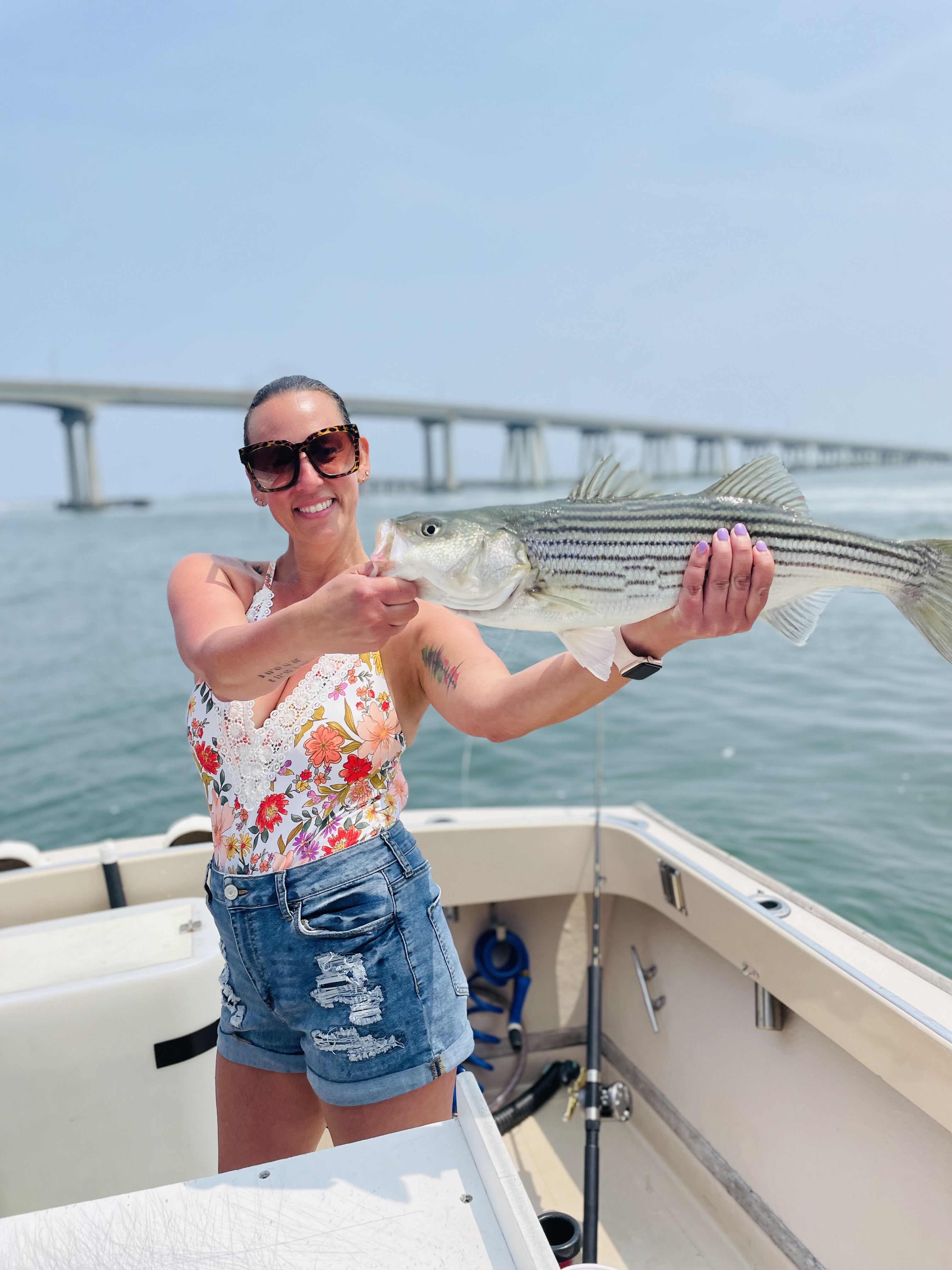 A striped bass caught in Hampton Bays