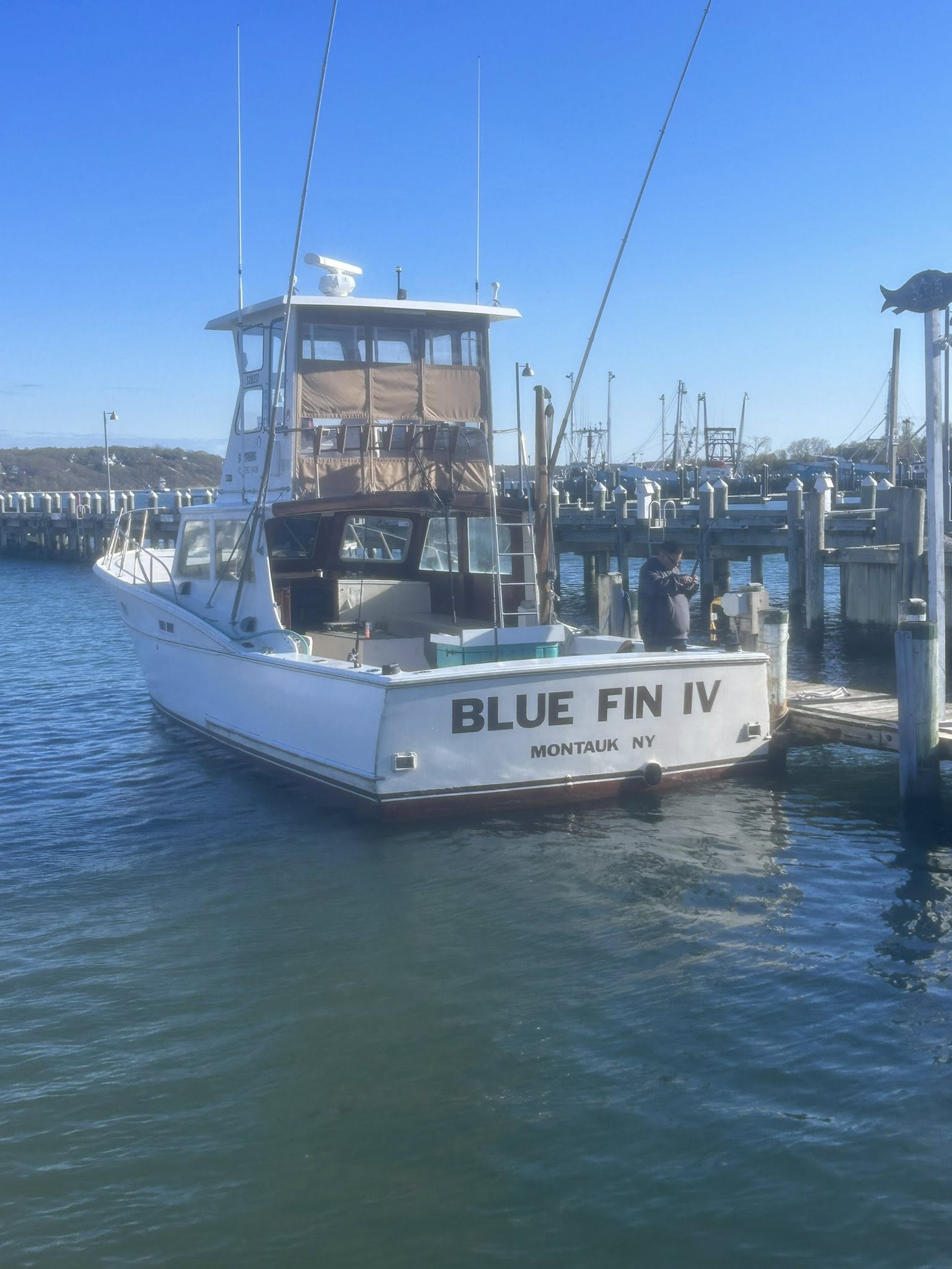 Blue Fin IV fishing charter boat docked at marina in Montauk NY with clear blue sky