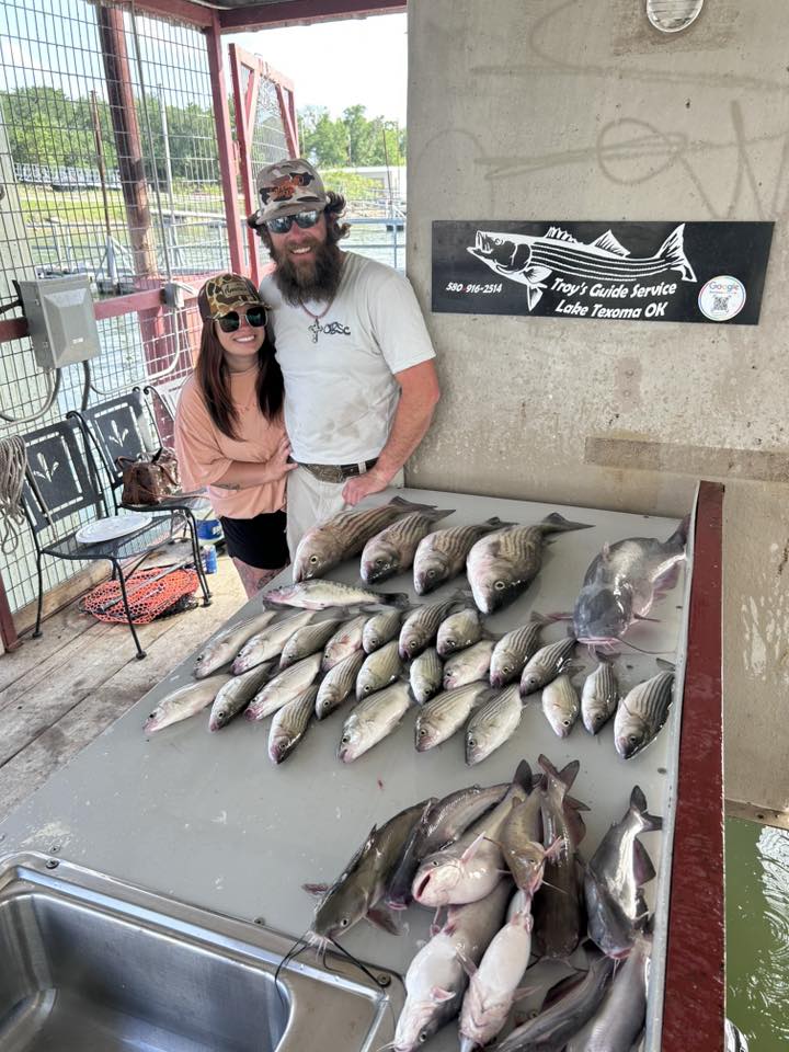 Large catch of striped bass and catfish displayed on cleaning station at fishing dock in Madill OK