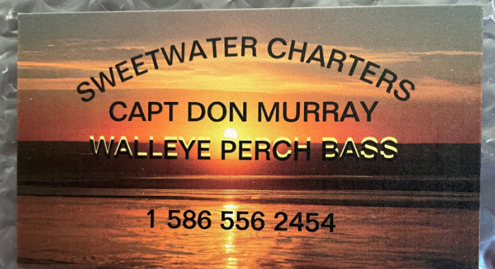 Sweetwater Charters business card with sunset water reflection background in Harrison Township MI
