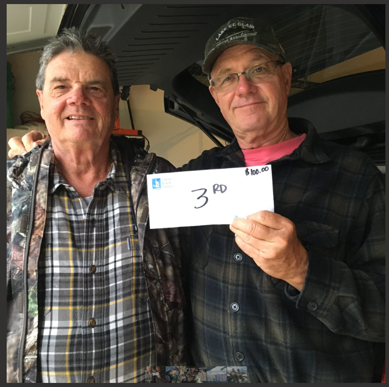 Two anglers celebrating third place finish in fishing tournament at Harrison Township MI