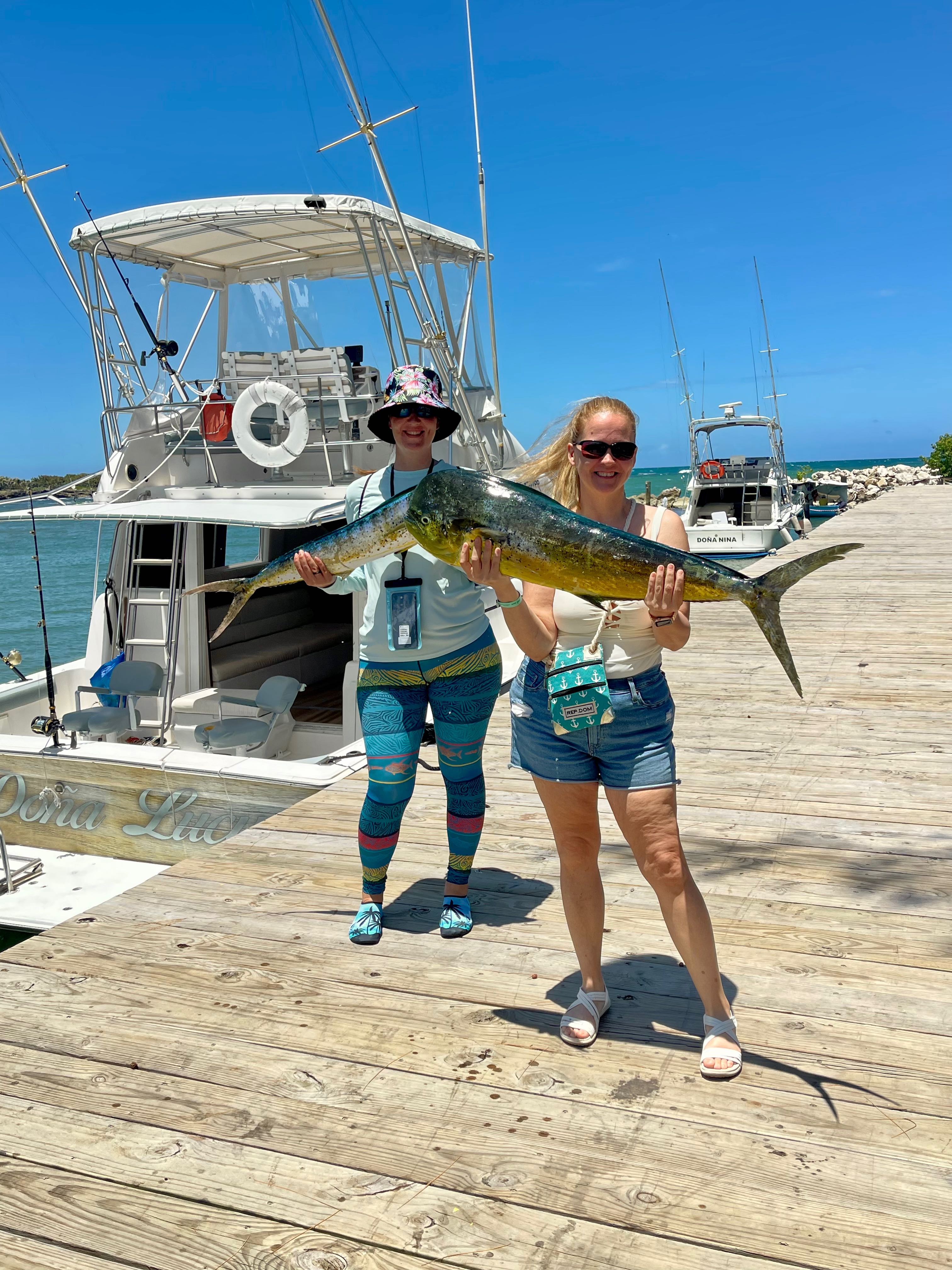 Fresh caught mahi mahi displayed on dock after fishing trip in Puerto Plata