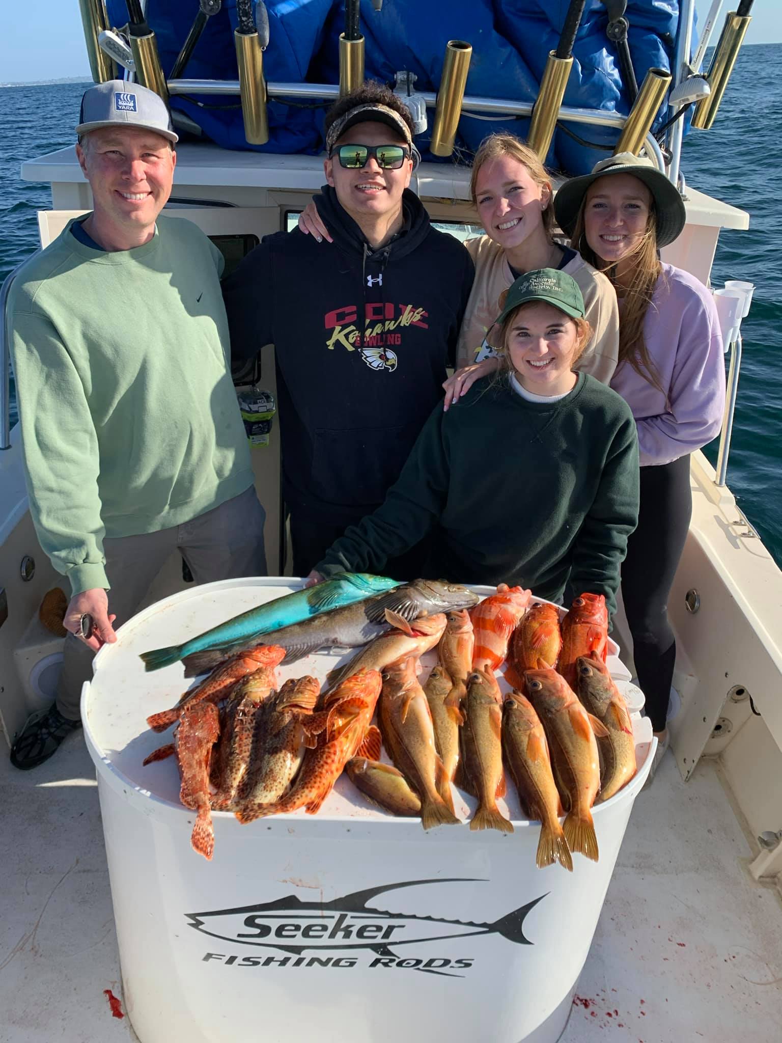 Five friends catching fish in San Diego