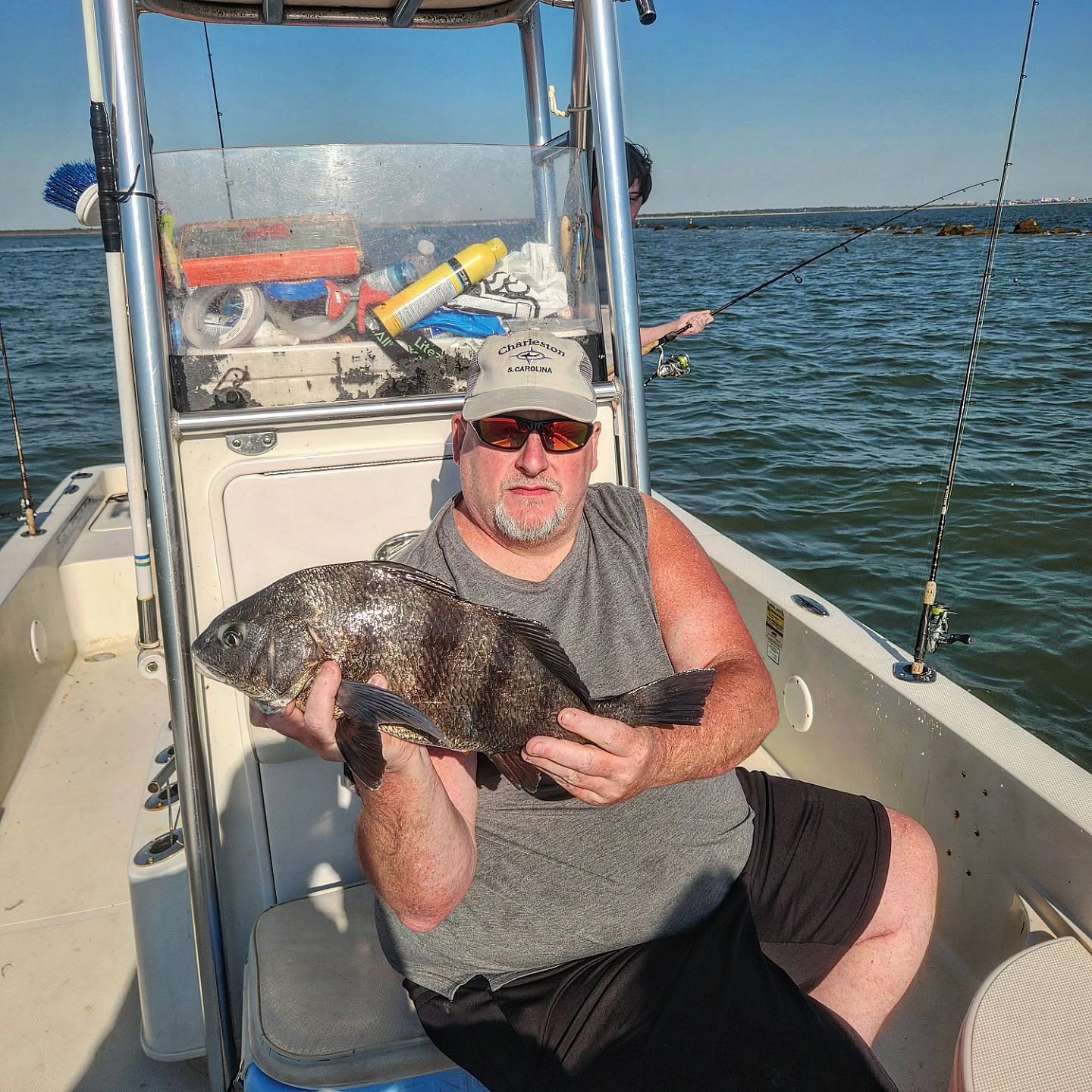 Black drum fish catch on fishing boat in Mount Pleasant SC waters