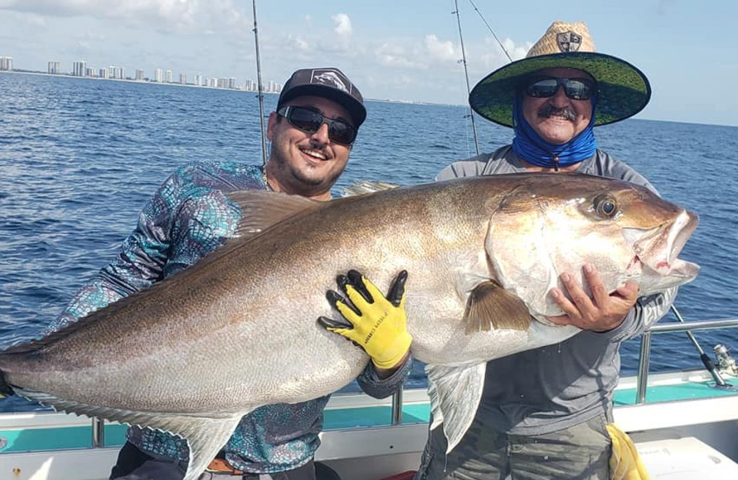 A angler reels in a large greater amberjack fish in Miami Beach