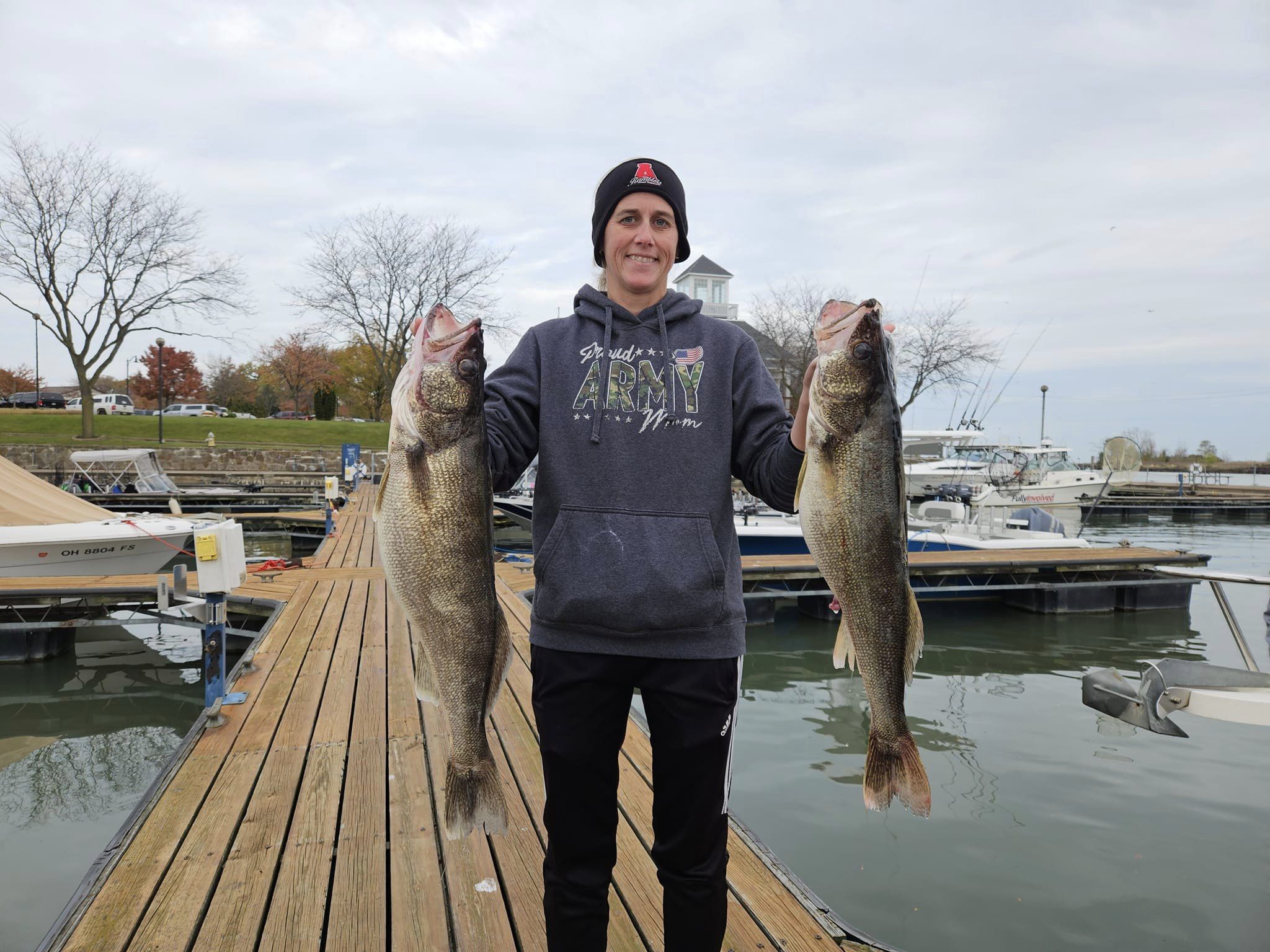 Two sauger fish caught during lakeside fishing at Lakeside Marblehead