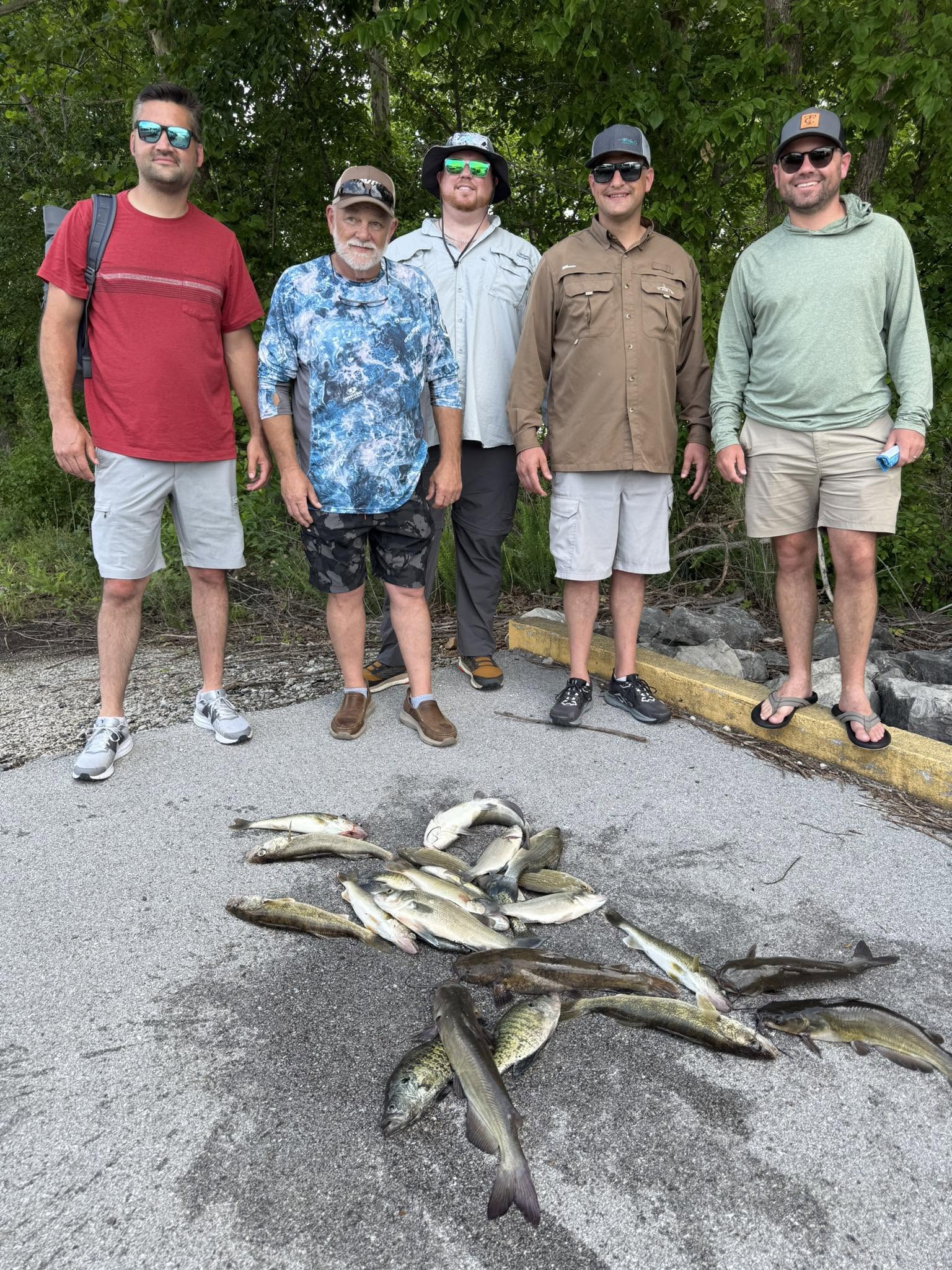 Fishing catch of white catfish, brown bullhead, and walleye laid out on concrete in Branson MO