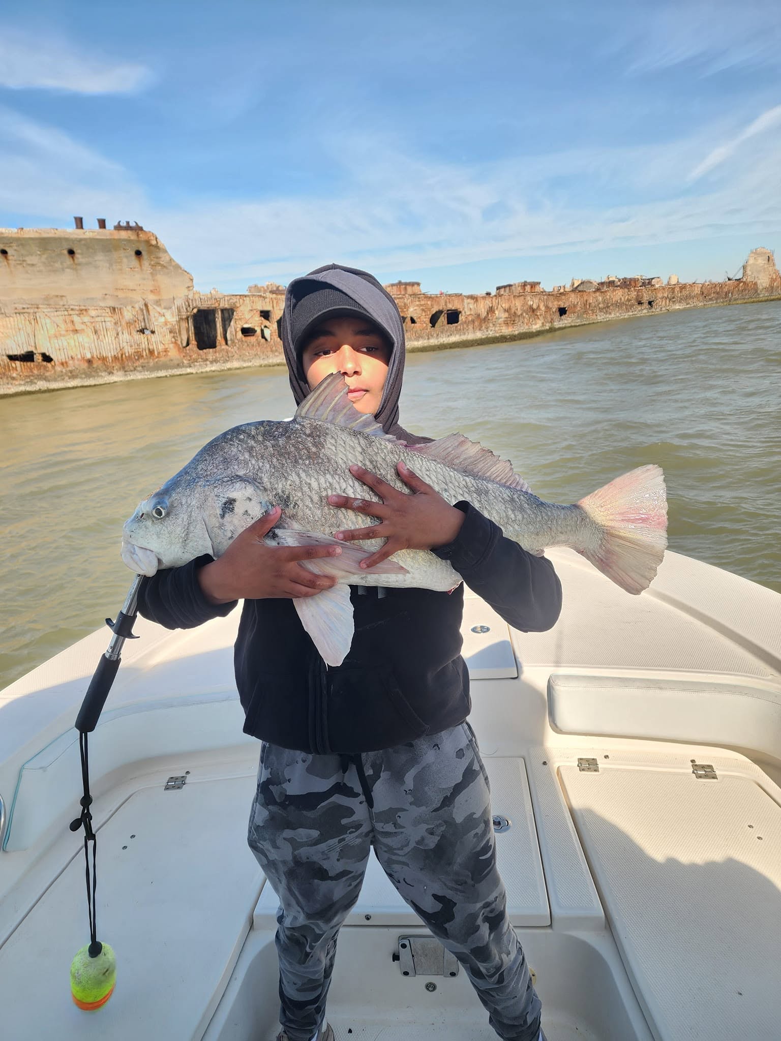 Black drum caught while fishing in Galveston TX waters near historic structures