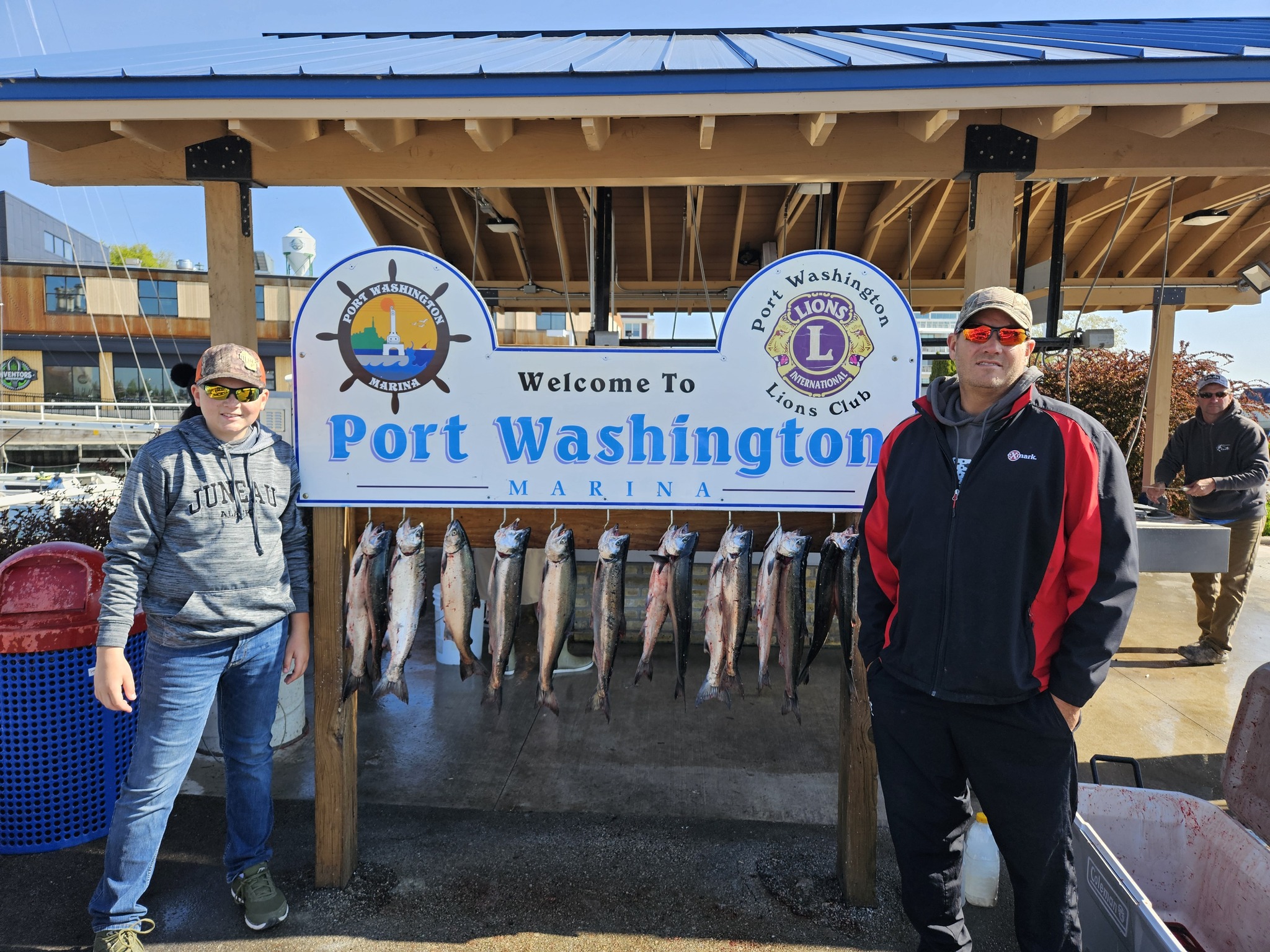 Fresh caught Coho salmon displayed at Port Washington WI marina fishing dock
