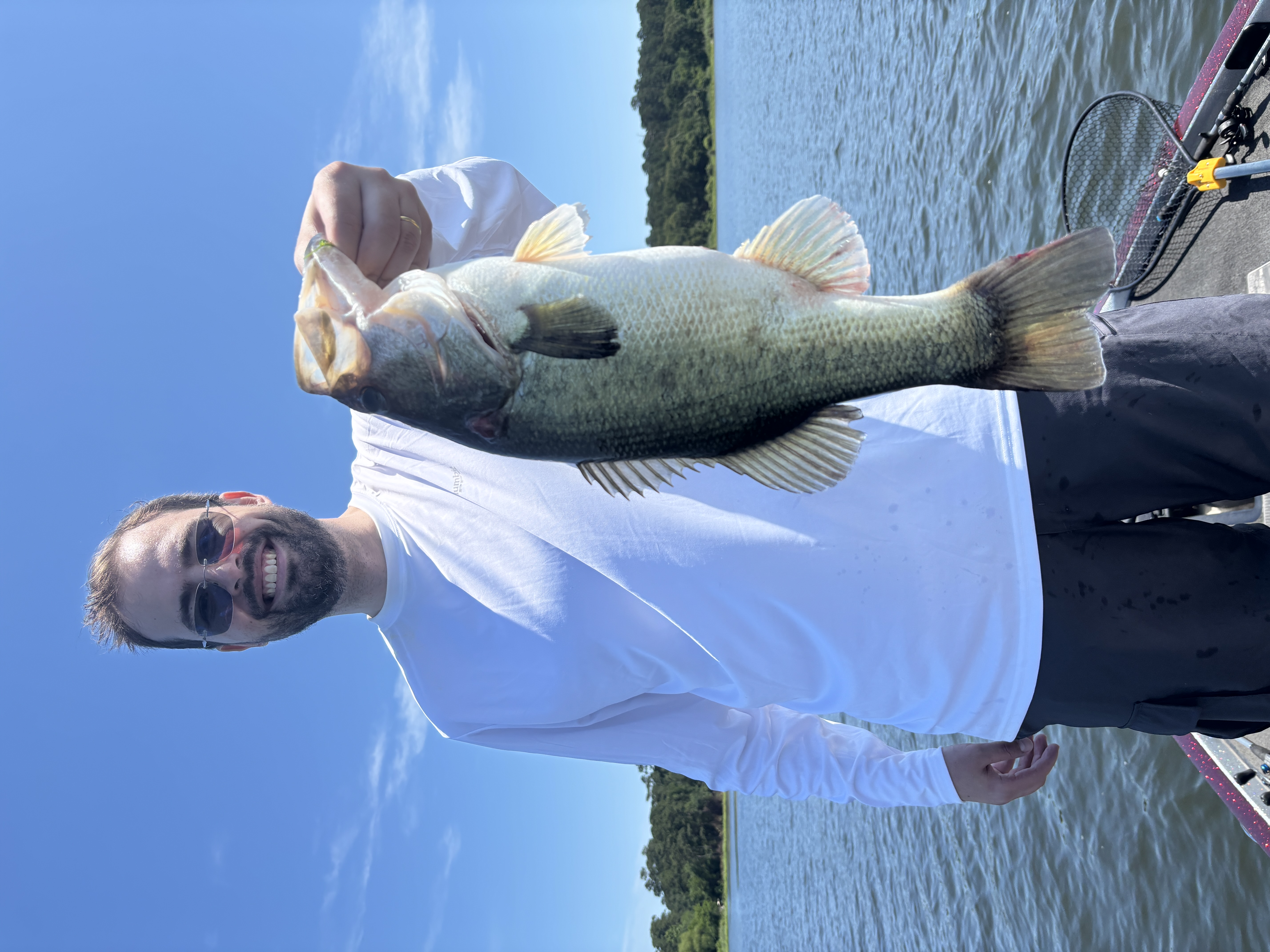 Angler holding large bass fish while fishing in Willis TX