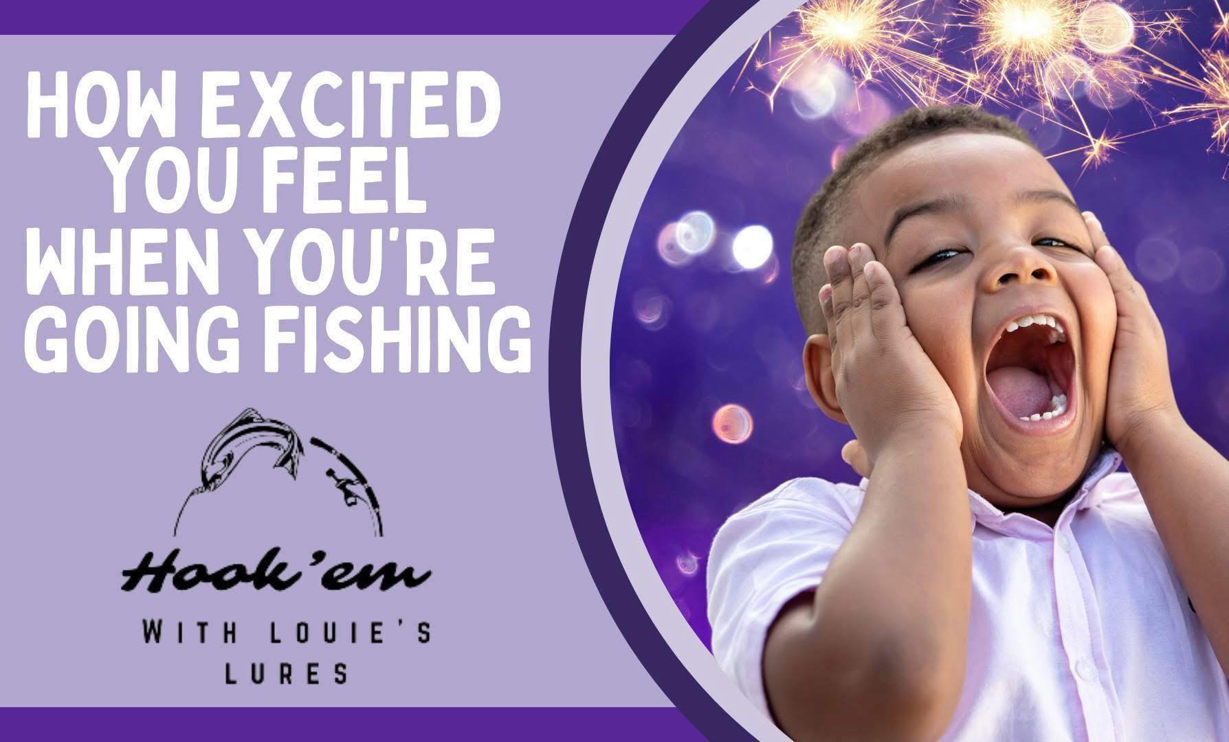 Excited child shouting with hands cupped around mouth against purple sparkly background, fishing advertisement for Hook'em with Louie's Lures in Kingston OK