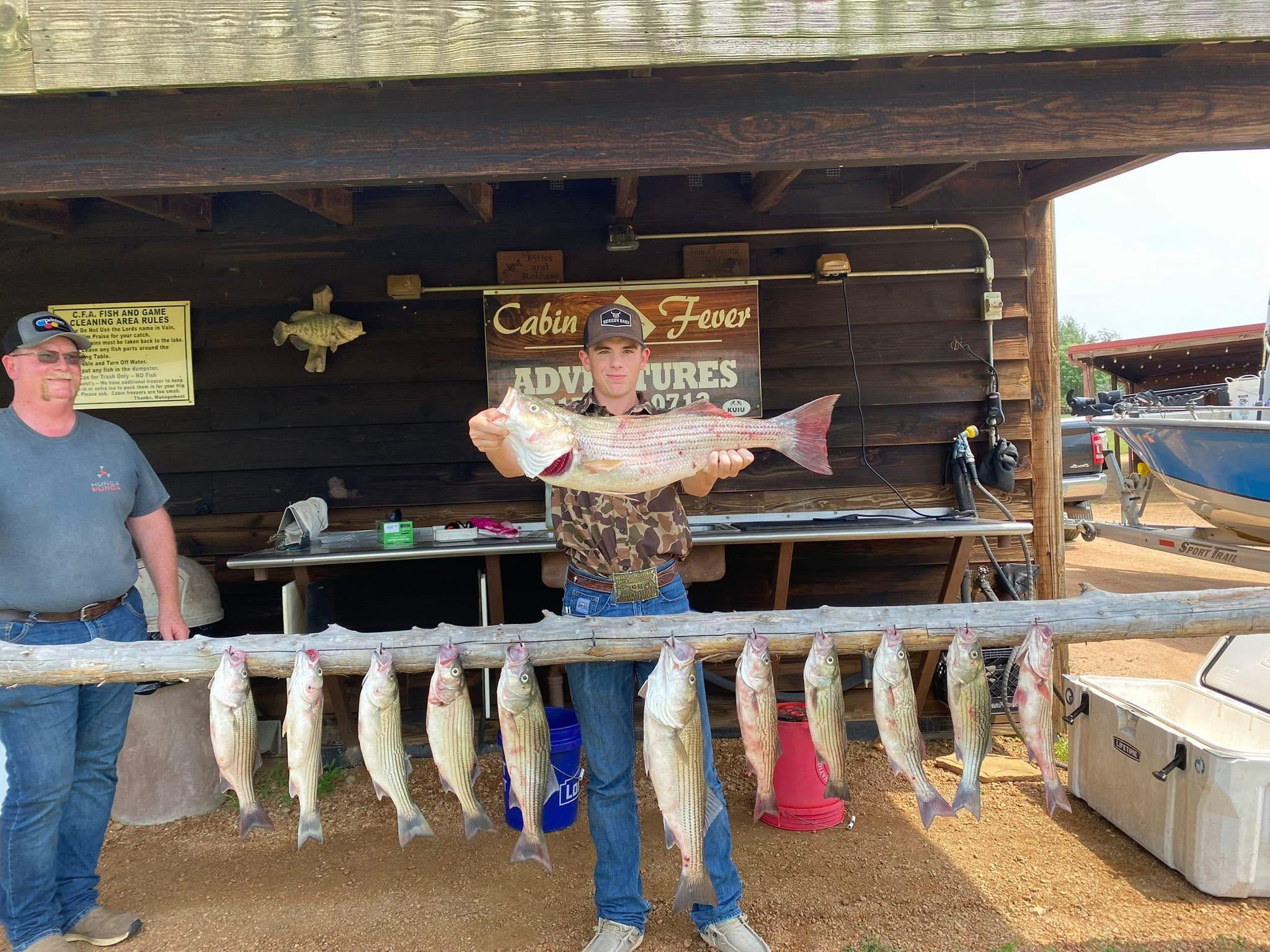 Fresh caught striped bass displayed at fishing cleaning station in Kingston OK
