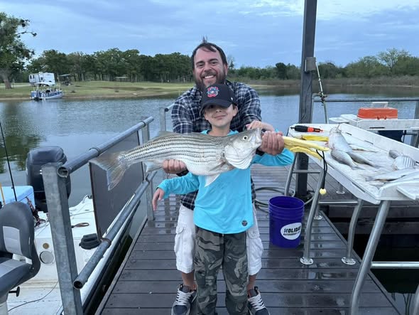 Striped bass catch displayed on fishing boat dock in Kingston OK
