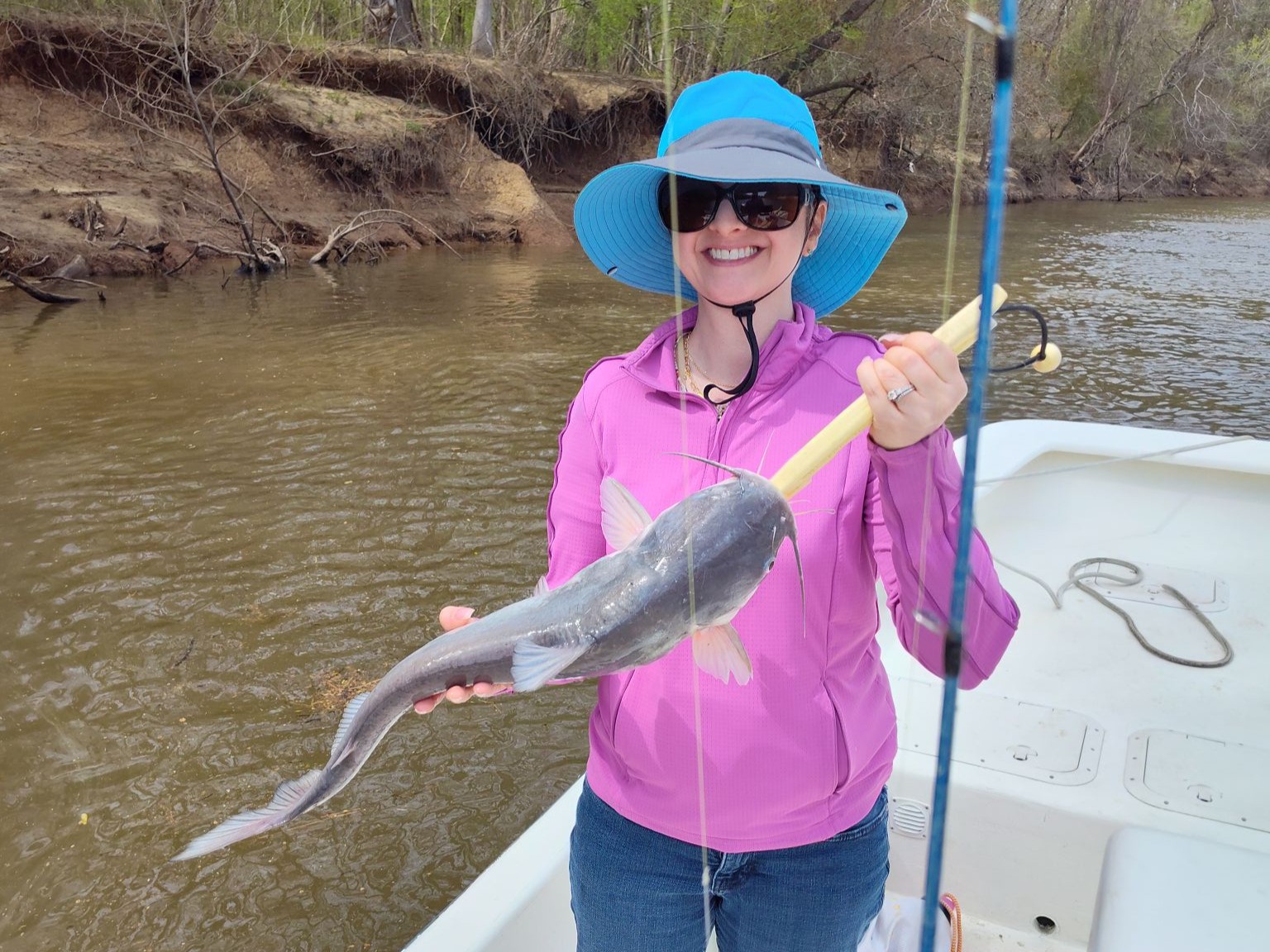Captain Joey's 24-foot Carolina Skiff on Roanoke River for guided catfish fishing in Williamston NC