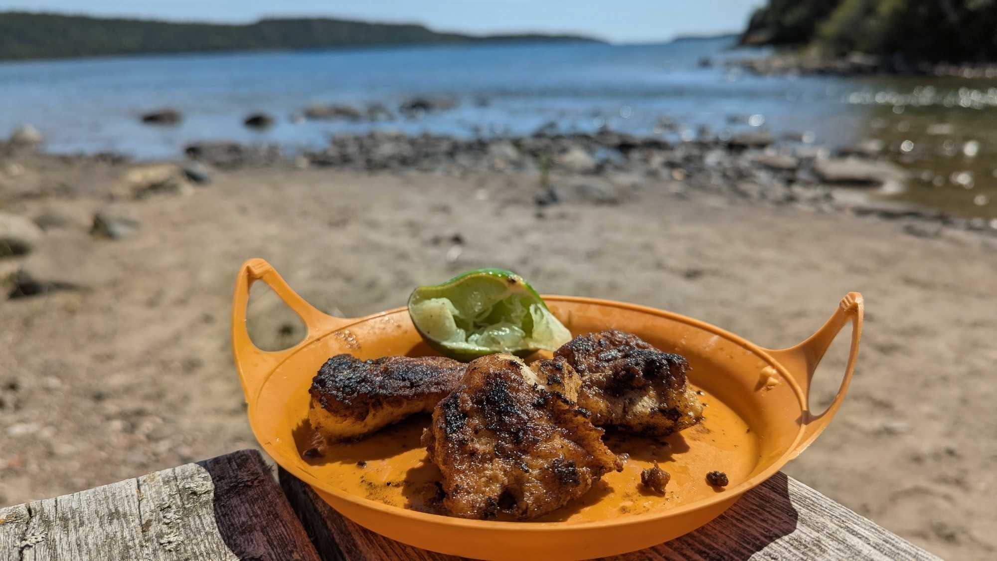 Grilled fish fillets served in orange plate with lime garnish on wooden table overlooking Nipigon ON waterfront
