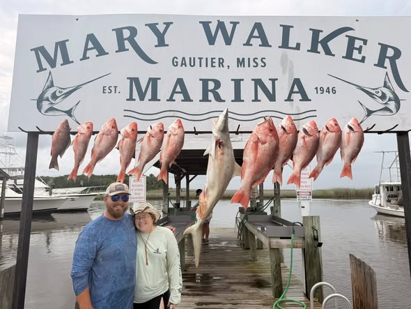 Red snapper fishing catch displayed at Mary Walker Marina in Mississippi