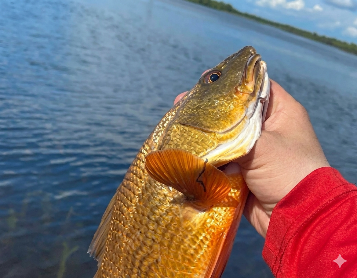 Redfish caught fishing in Lafitte Louisiana showing golden scales and orange fins