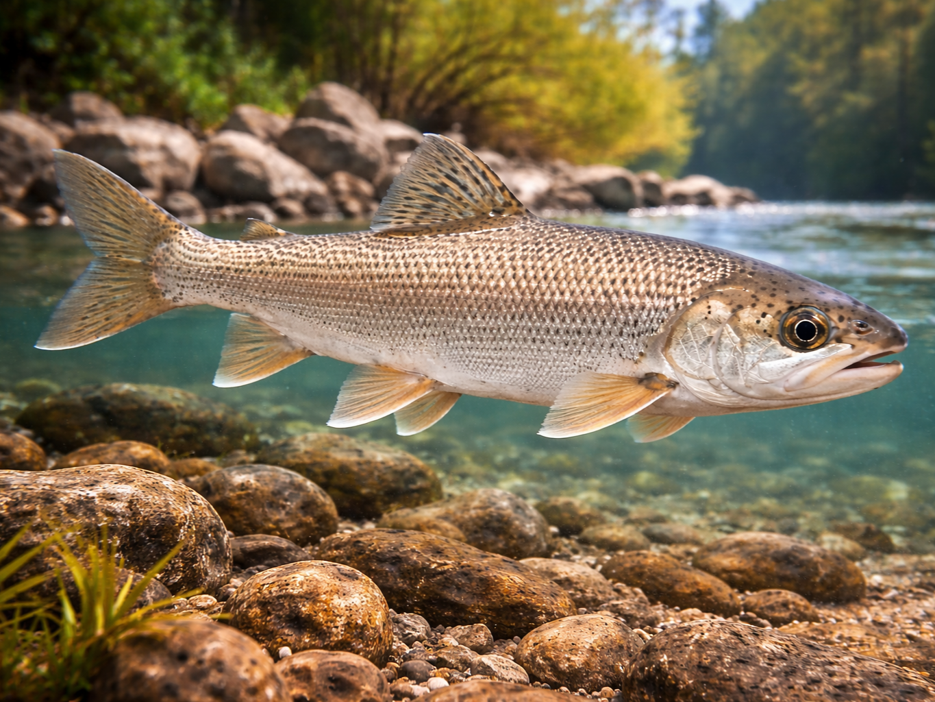 Beginner fly fishing guide teaching casting techniques on Yakima River with trout jumping