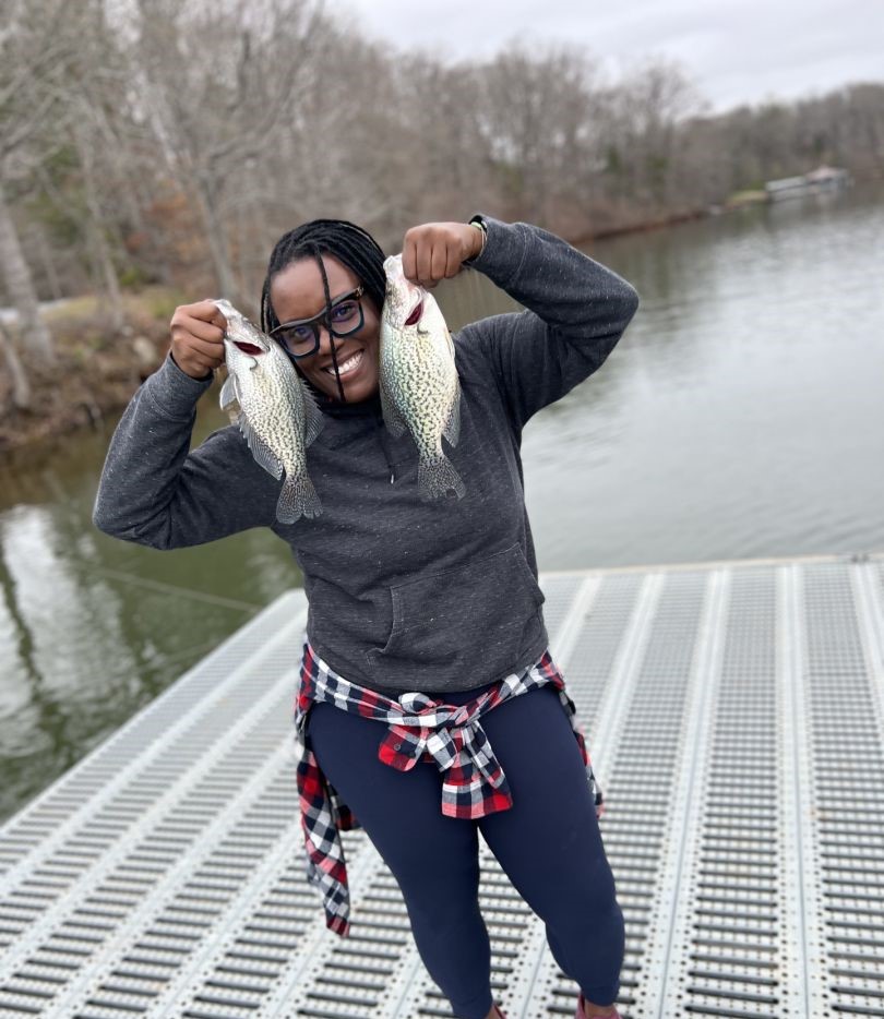 Two crappie caught fishing in Gainesville GA displayed on boat dock