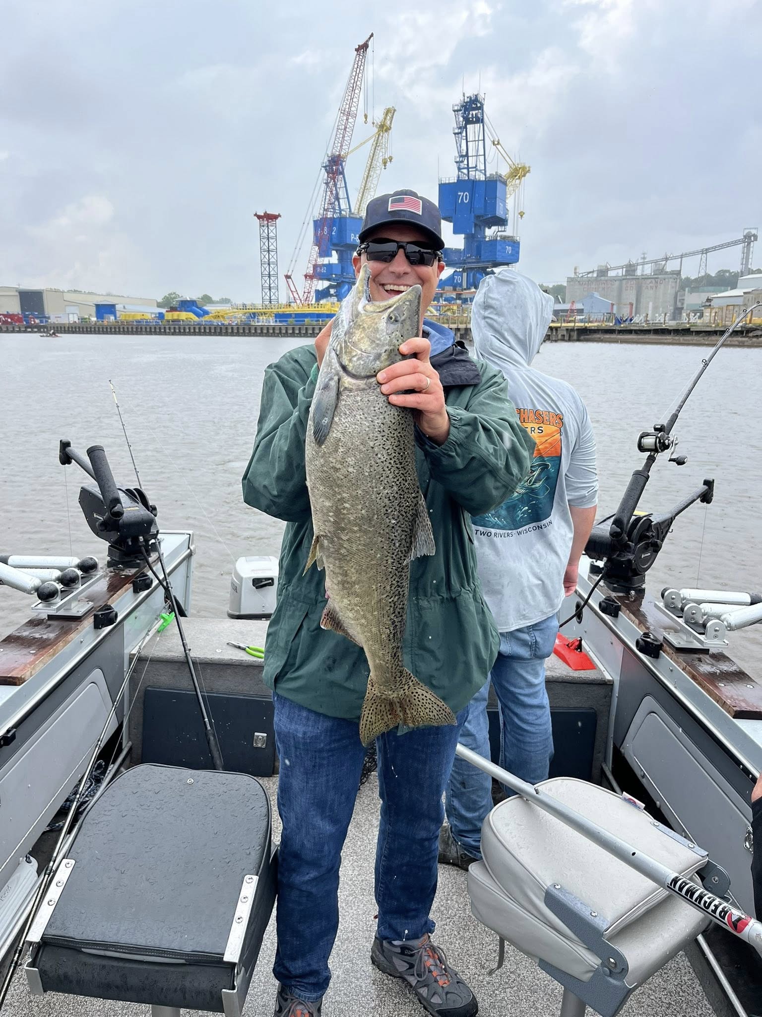Chinook salmon caught while fishing in Sheboygan WI displayed on fishing boat