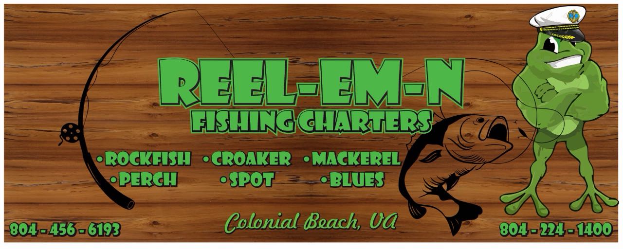 Reel-Em-N Fishing Charters advertisement sign featuring cartoon frog captain and fishing rod on wooden background in Colonial Beach VA