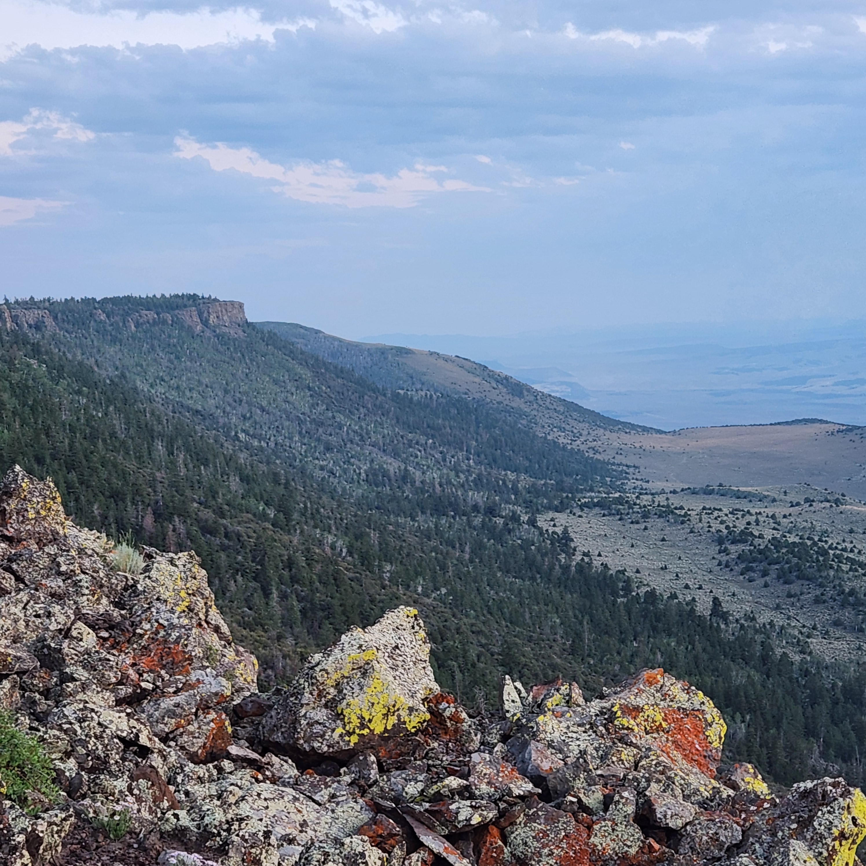 Rocky mountain landscape with lichen-covered boulders overlooking forested valleys near Panguitch Utah