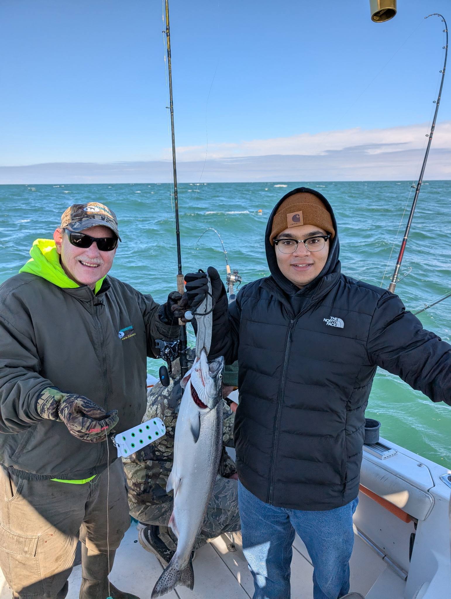 Fresh caught Chinook salmon displayed on fishing boat in Dunkirk NY waters