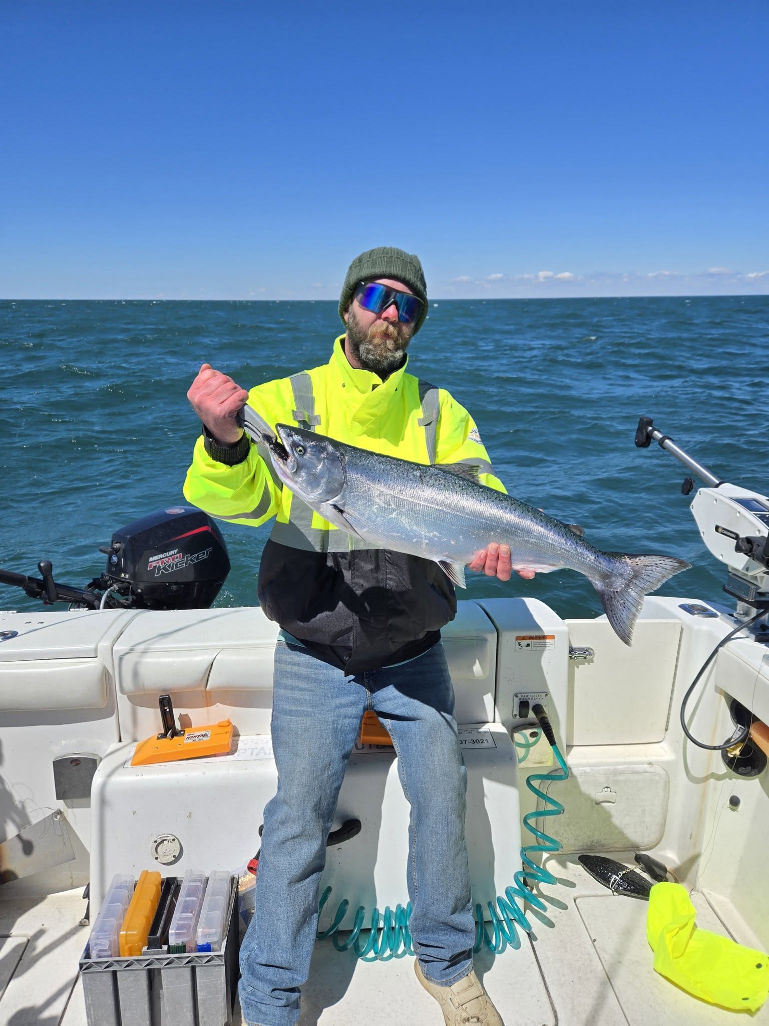 Chinook salmon catch displayed on fishing boat in Dunkirk NY