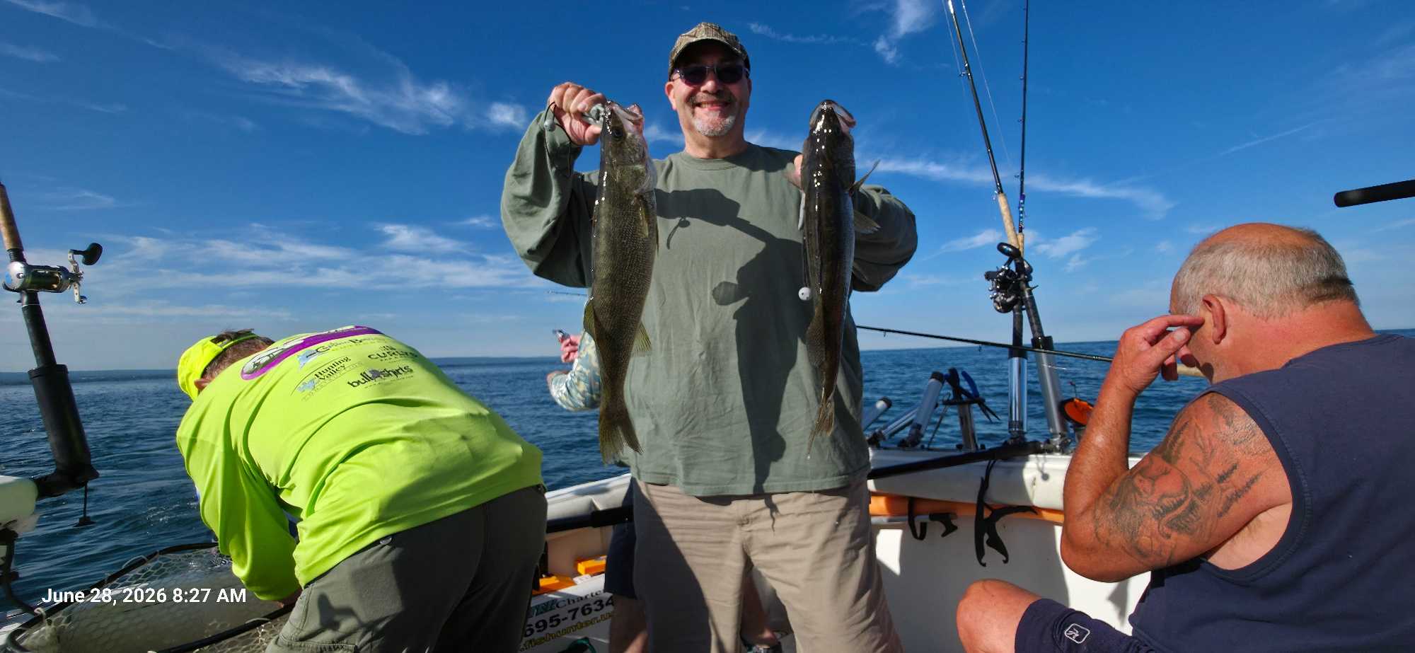 Freshly caught walleye and brown bullhead displayed on fishing boat in Dunkirk NY