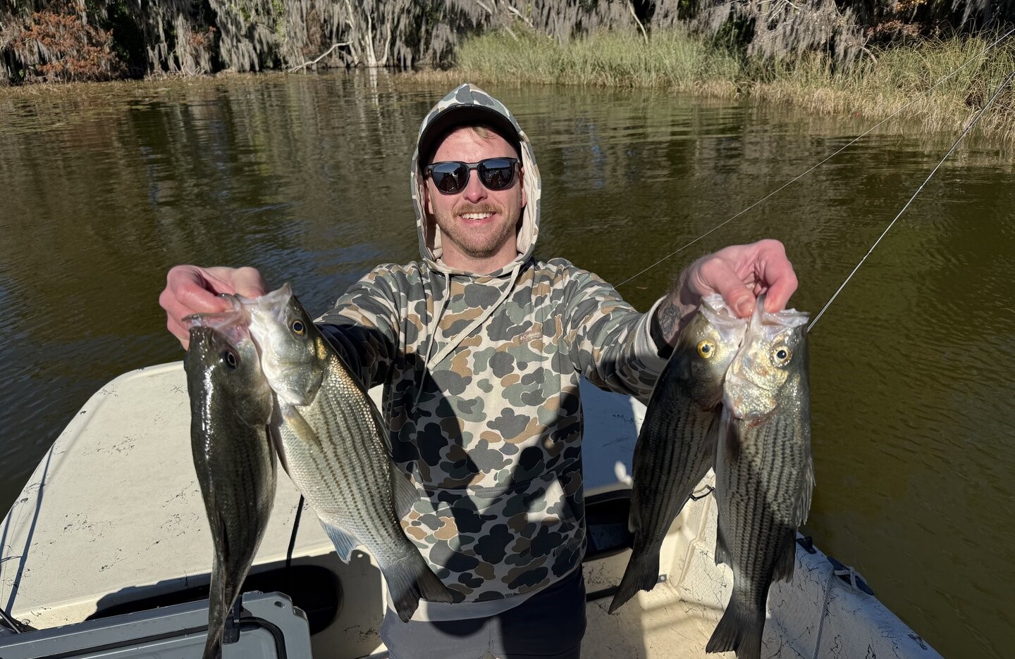 Angler holding two striped bass caught fishing in Grand Island FL