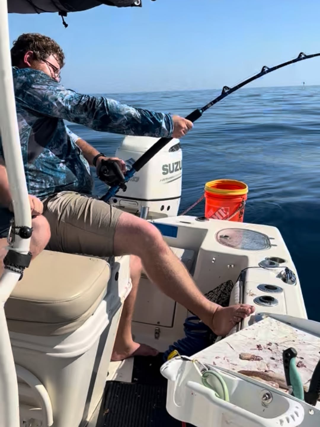 Deep sea fishing from boat in Grant-Valkaria FL waters with fishing rod and tackle