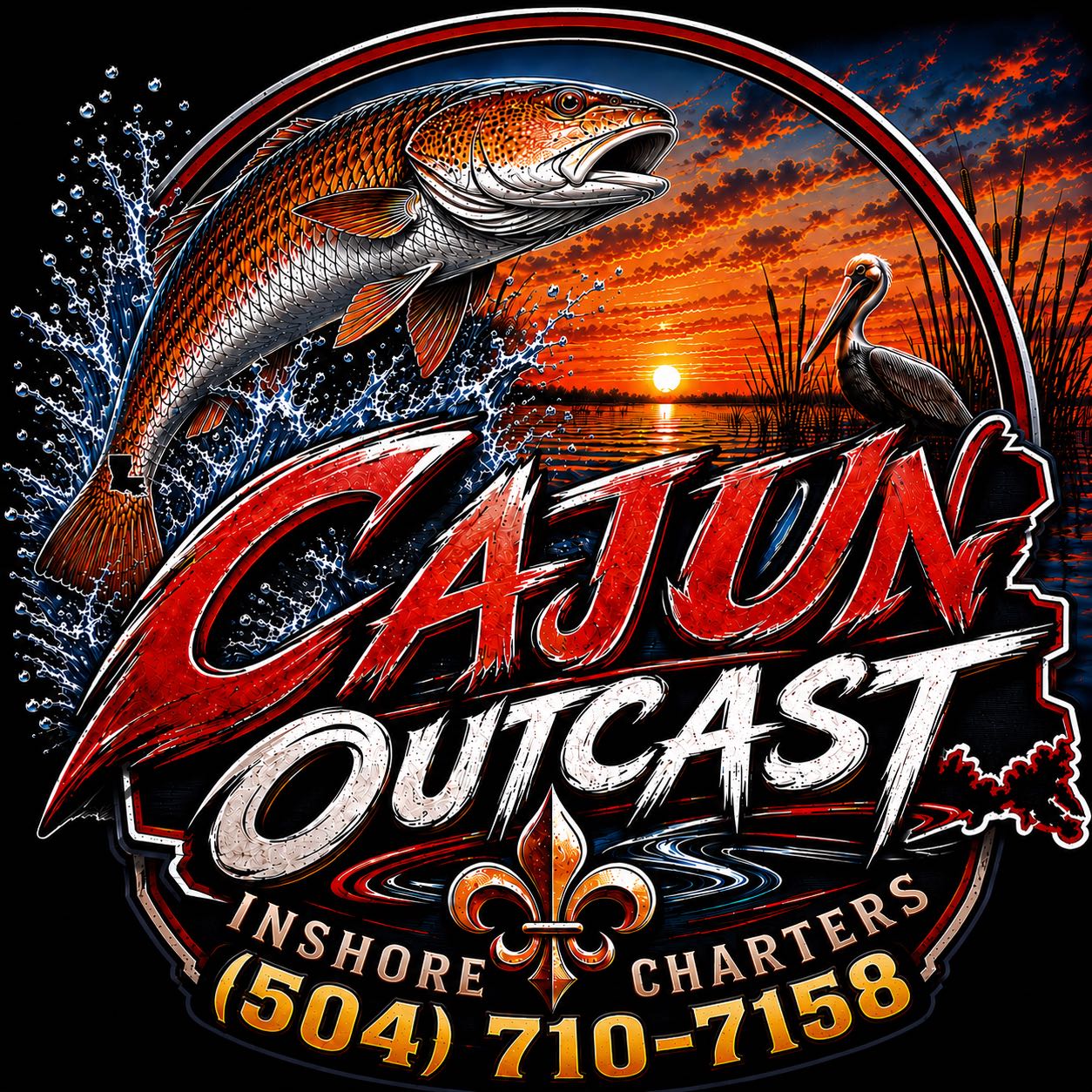 Cajun Outcast Inshore Charters logo featuring redfish jumping from water with pelican and sunset background in Hopedale Louisiana