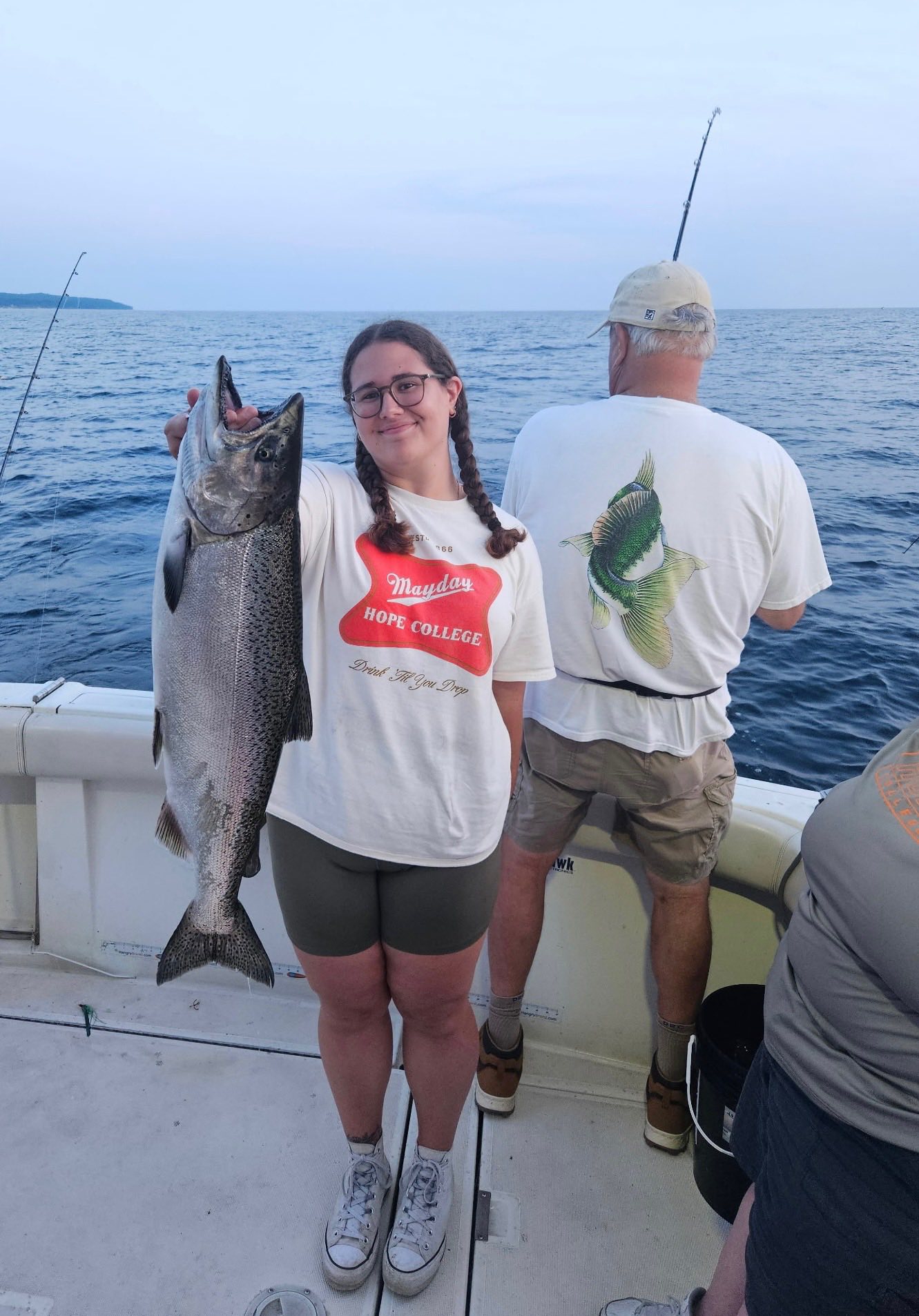 Chinook salmon catch displayed on fishing boat in Pentwater MI