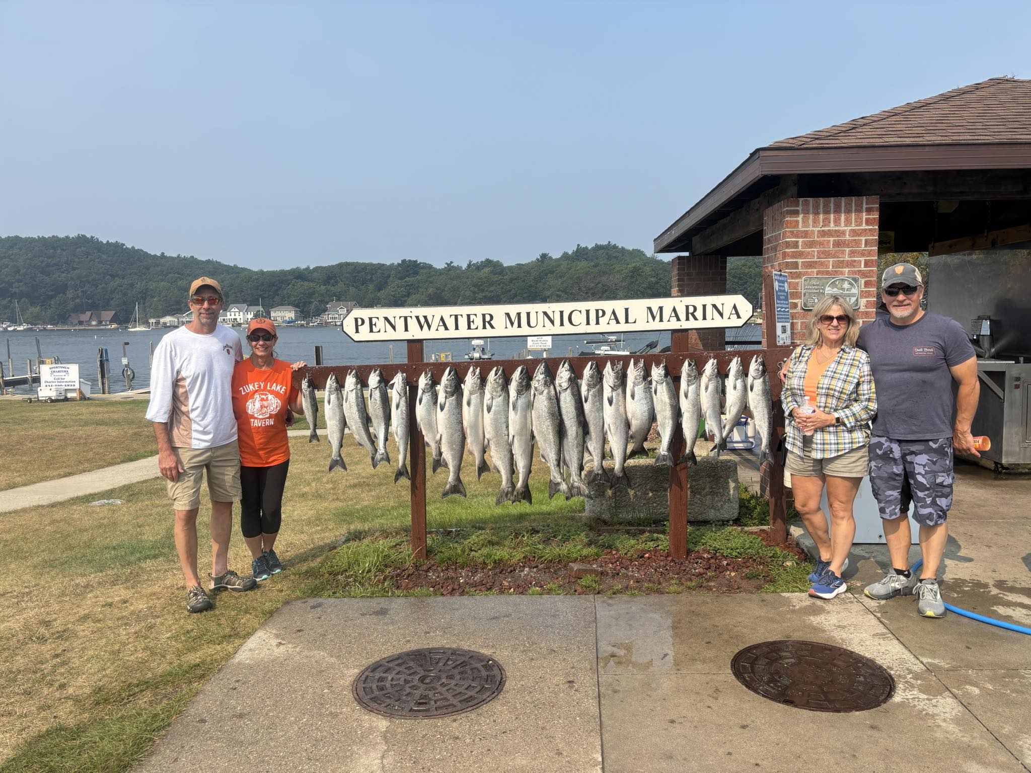 Large display of Coho and Chinook salmon catch at Pentwater Municipal Marina in Michigan