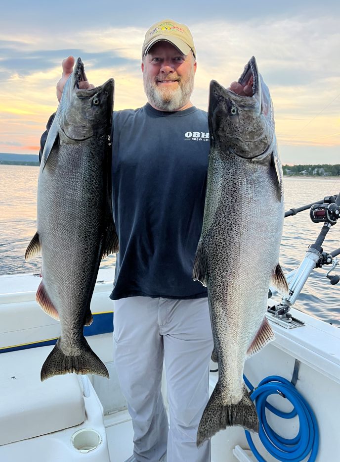 Salmon and trout fishing charter boat on Lake Michigan near Glen Arbor with Sleeping Bear Dunes